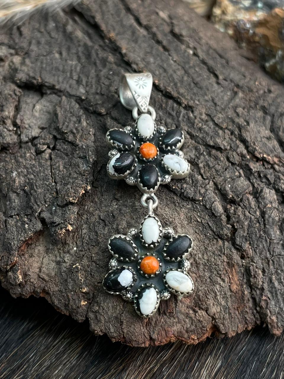 Handmade Sterling Silver Orange Mojave with White Buffalo Pendant "Signed Nizhoni"
