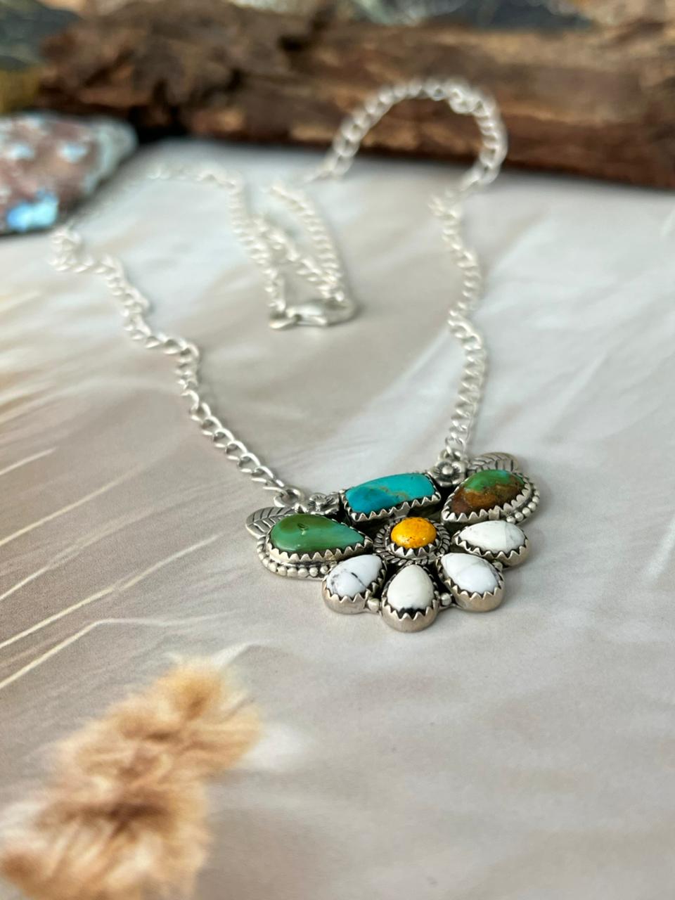 Handmade Sterling Silver Spring Collection: White Buffalo with Bumblebee & Sonoran Mountain Turquoise Necklace "Signed Nizhoni"