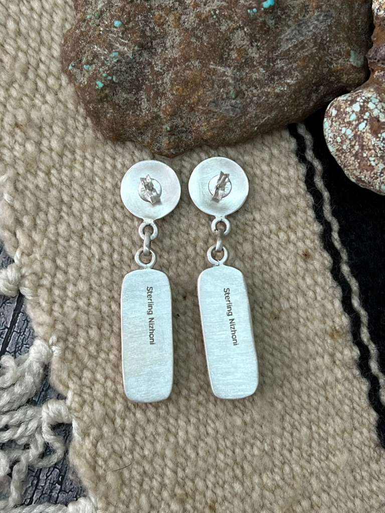 Handmade Sterling Silver White Buffalo Post Dangle Earrings "Signed Nizhoni"