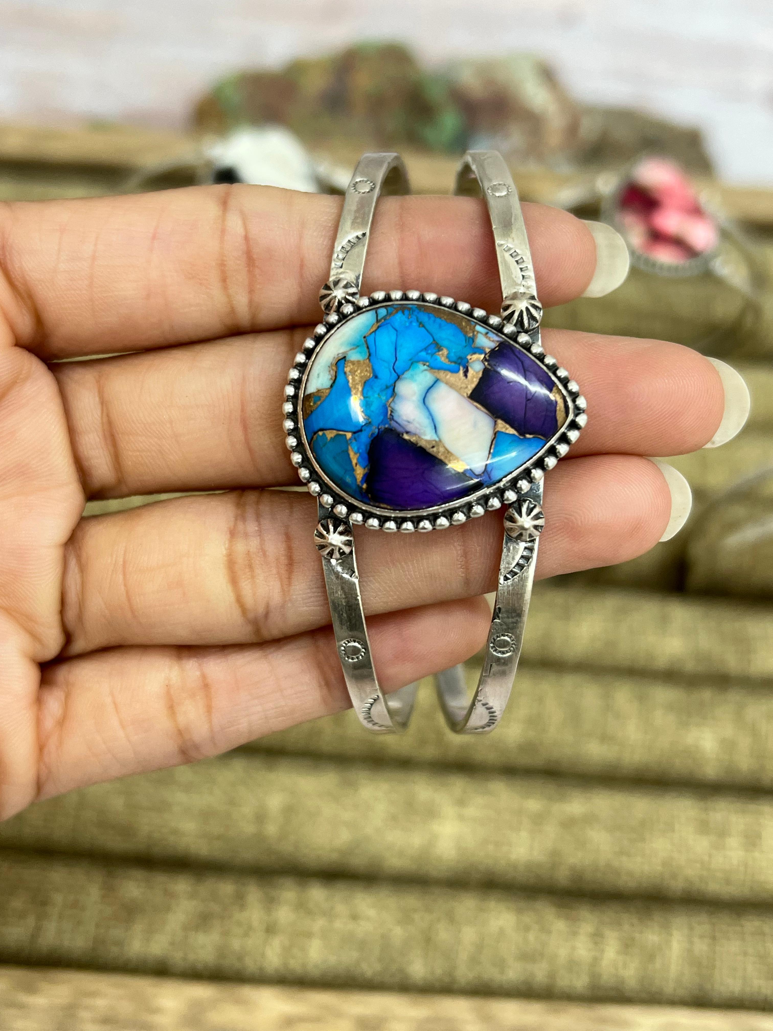 Handmade Sterling Silver Multi Stone Cuff Bracelet with Signed Nizhoni