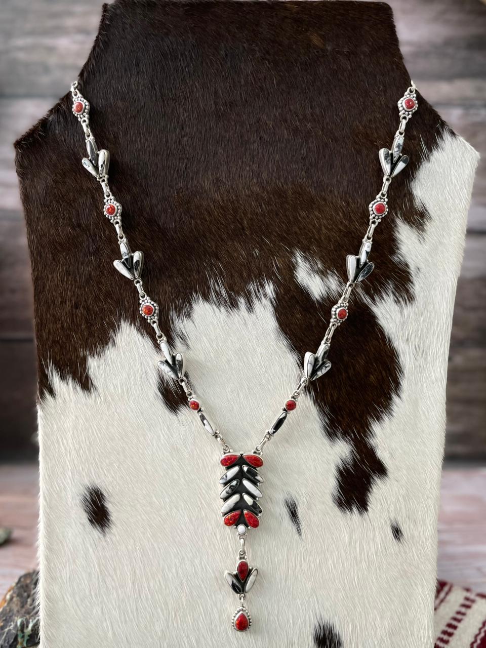 Handmade Sterling Silver White Buffalo with Red Opal Necklace "Signed Nizhoni"
