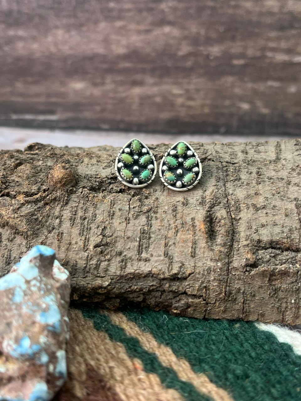 Handmade Sterling Silver Kingman Turquoise Post Studs Earrings "Signed Nizhoni"
