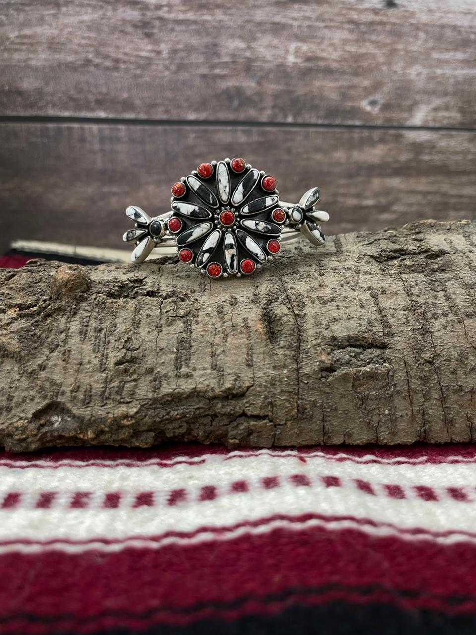 "Christmas Collection" Handmade Sterling Silver White Buffalo With Red Opal Cuff Bracelet "Signed Nizhoni"