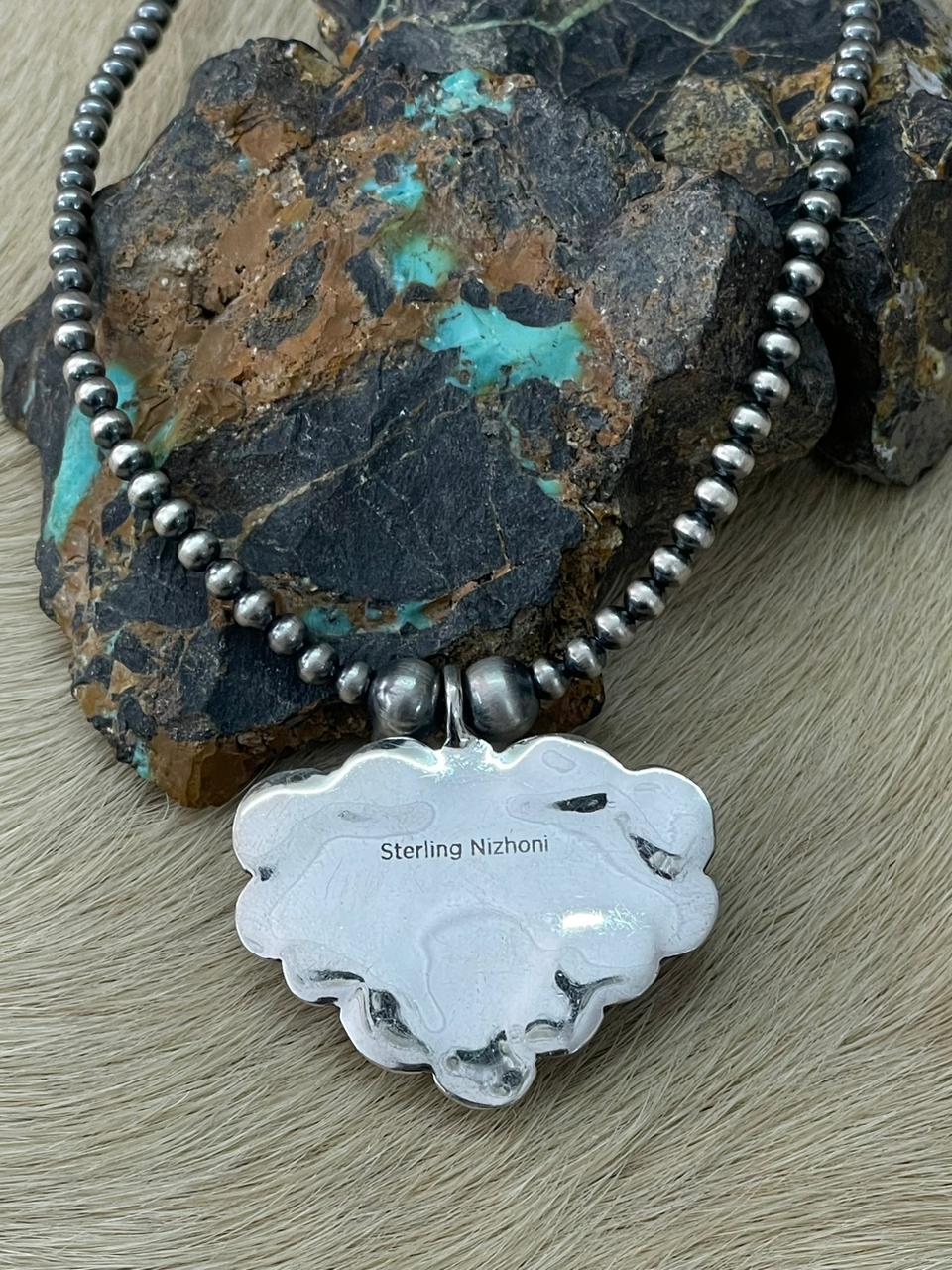 Handmade Sterling Silver Beaded White Water Turquoise Necklace "Signed Nizhoni"