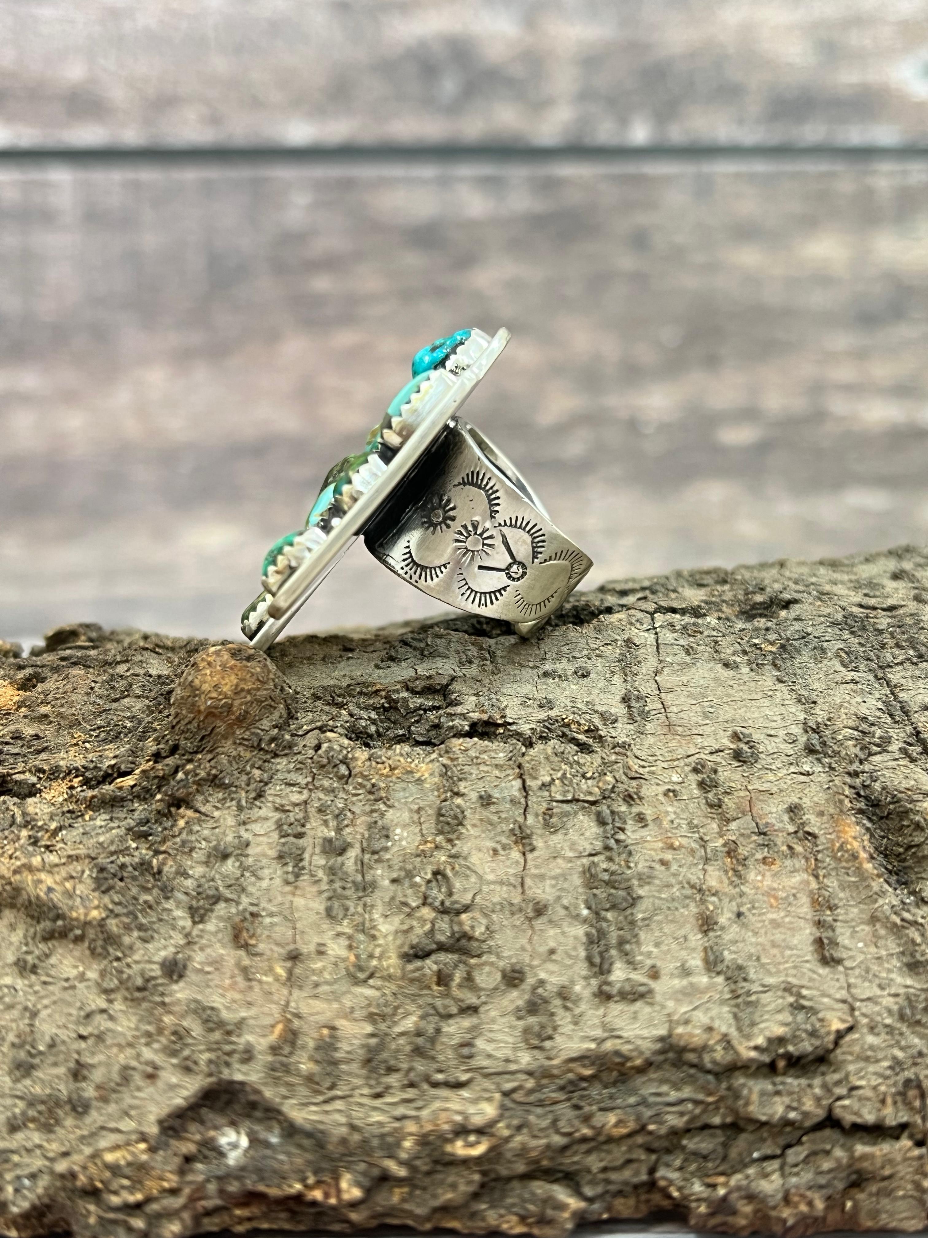 Handmade Sterling Silver Sonoran Mountain Turquoise Thunder Bird Adjustable Ring with Signed Nizhoni