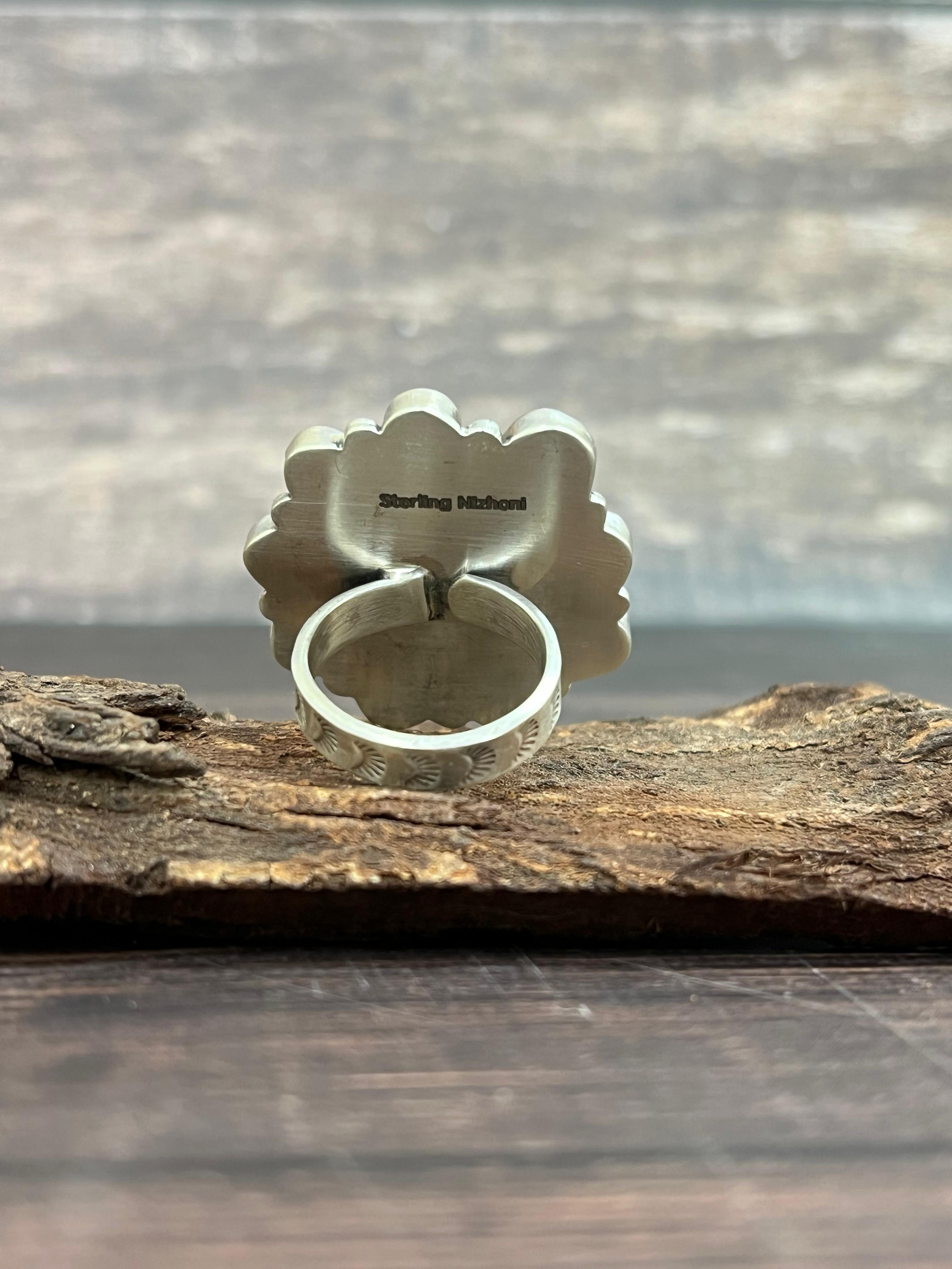 Handmade Sterling Silver South Hill Turquoise Adjustable Ring with Signed Nizhoni