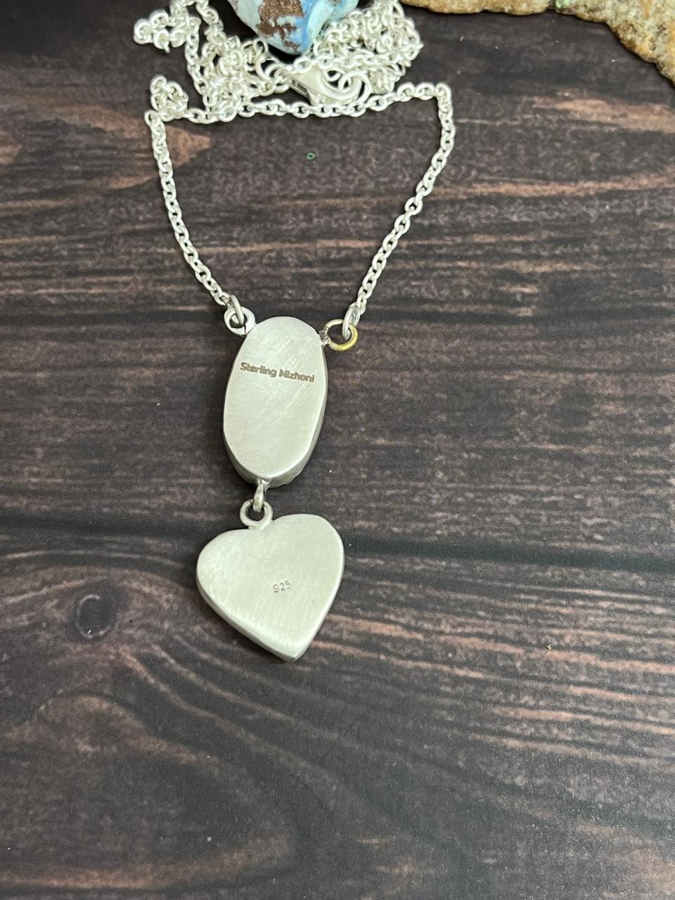 Handmade Sterling Silver Royston Turquoise Heart Necklace with Signed Nizhoni