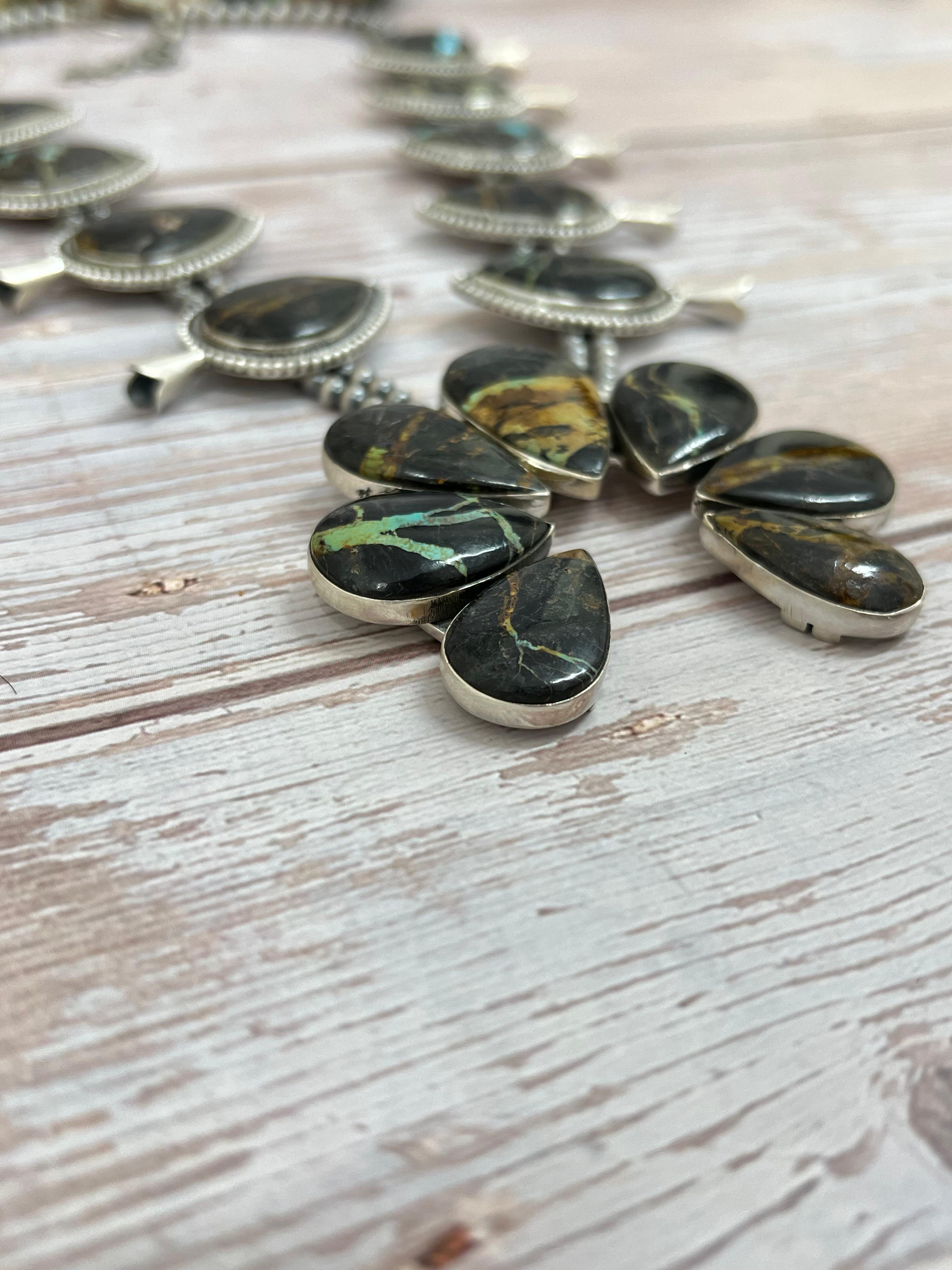 Handmade Sterling Silver Black Jack Beaded Squash Blossom Necklace with Signed Nizhoni