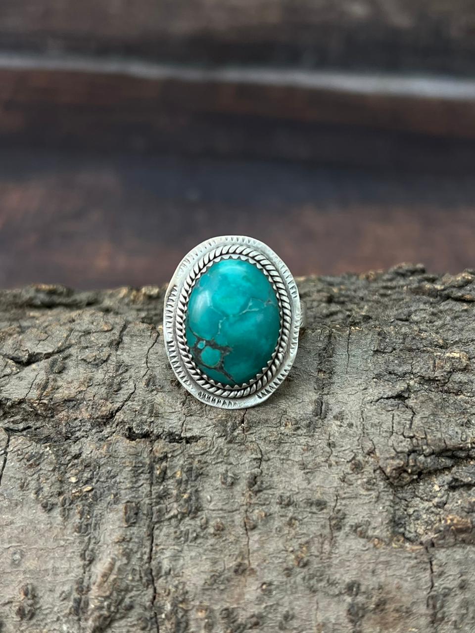 Handmade Sterling Silver Hubai Turquoise Adjustable Ring "Signed Nizhoni"