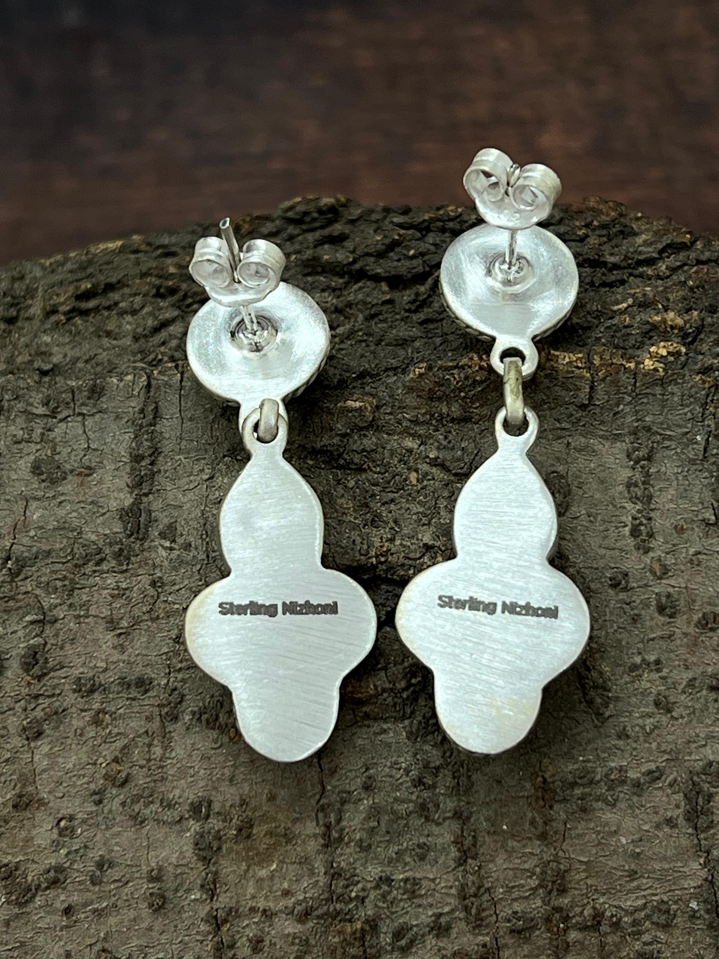 Handmade Sterling Silver White Buffalo Post Dangle Earrings with Signed Nizhoni (2)