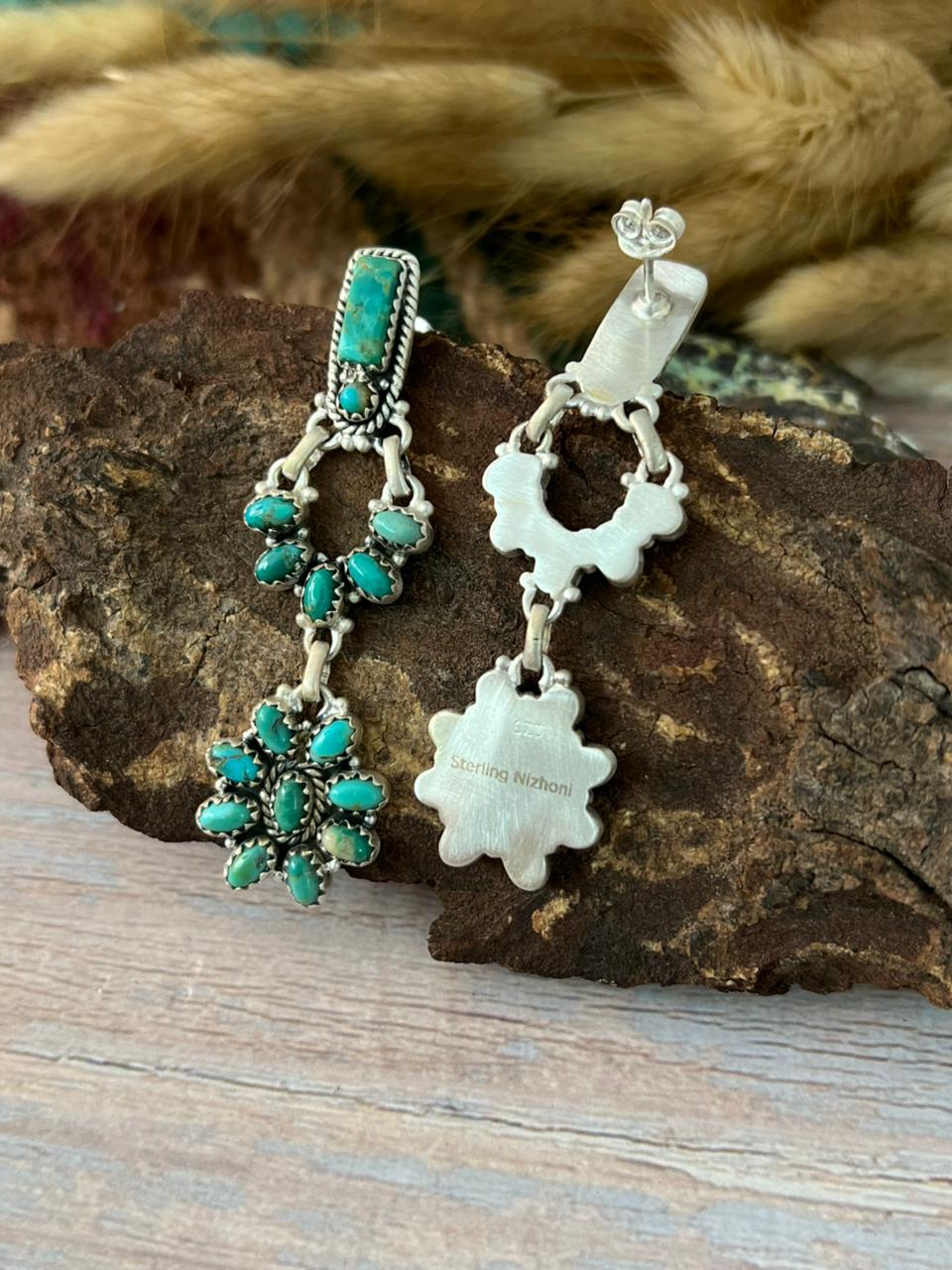 Handmade Sterling Silver Kingman Turquoise Post Dangle Earrings "Signed Nizhoni"
