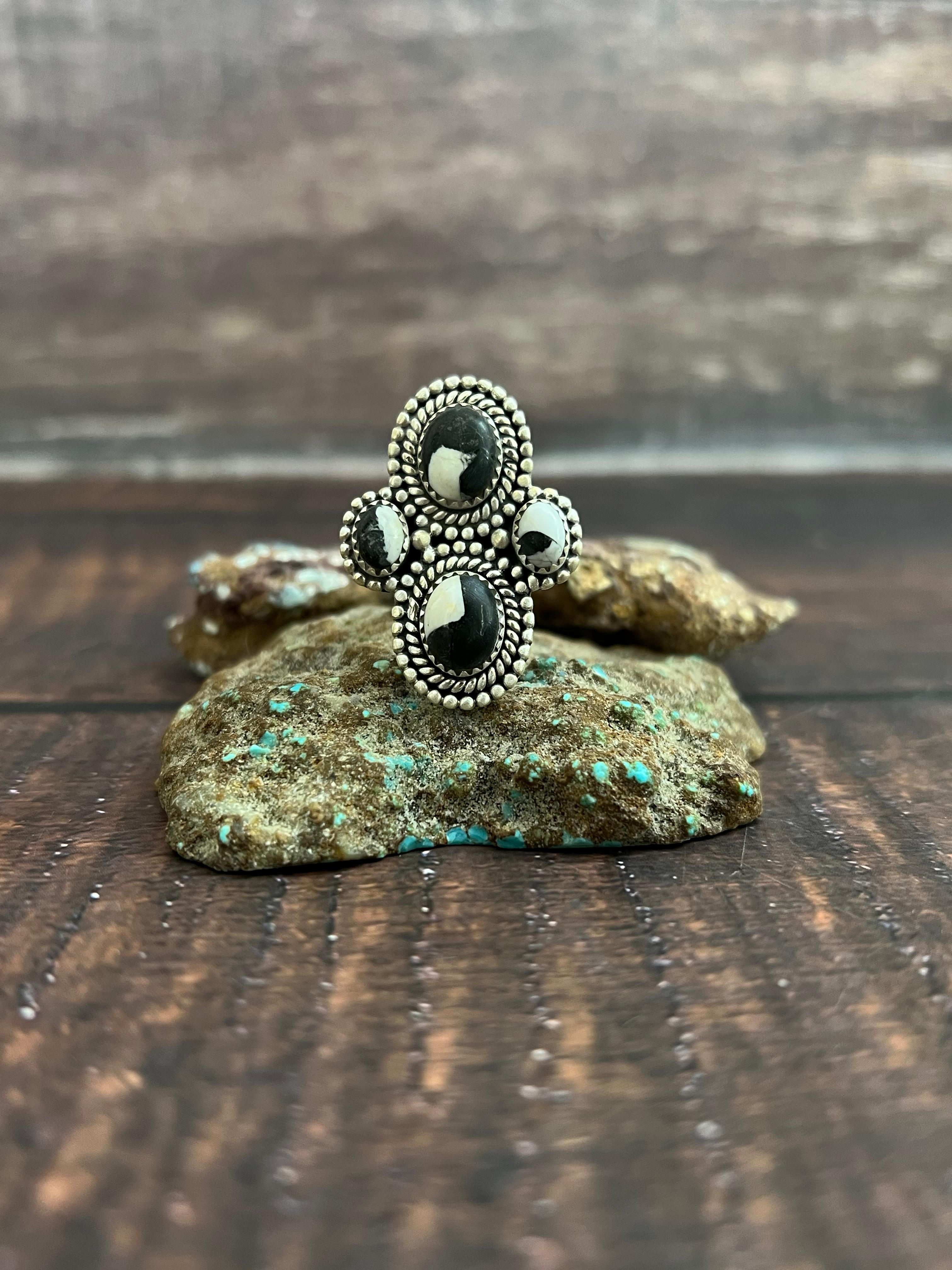 Handmade Sterling Silver White Buffalo Adjustable Ring, Signed Nizhoni