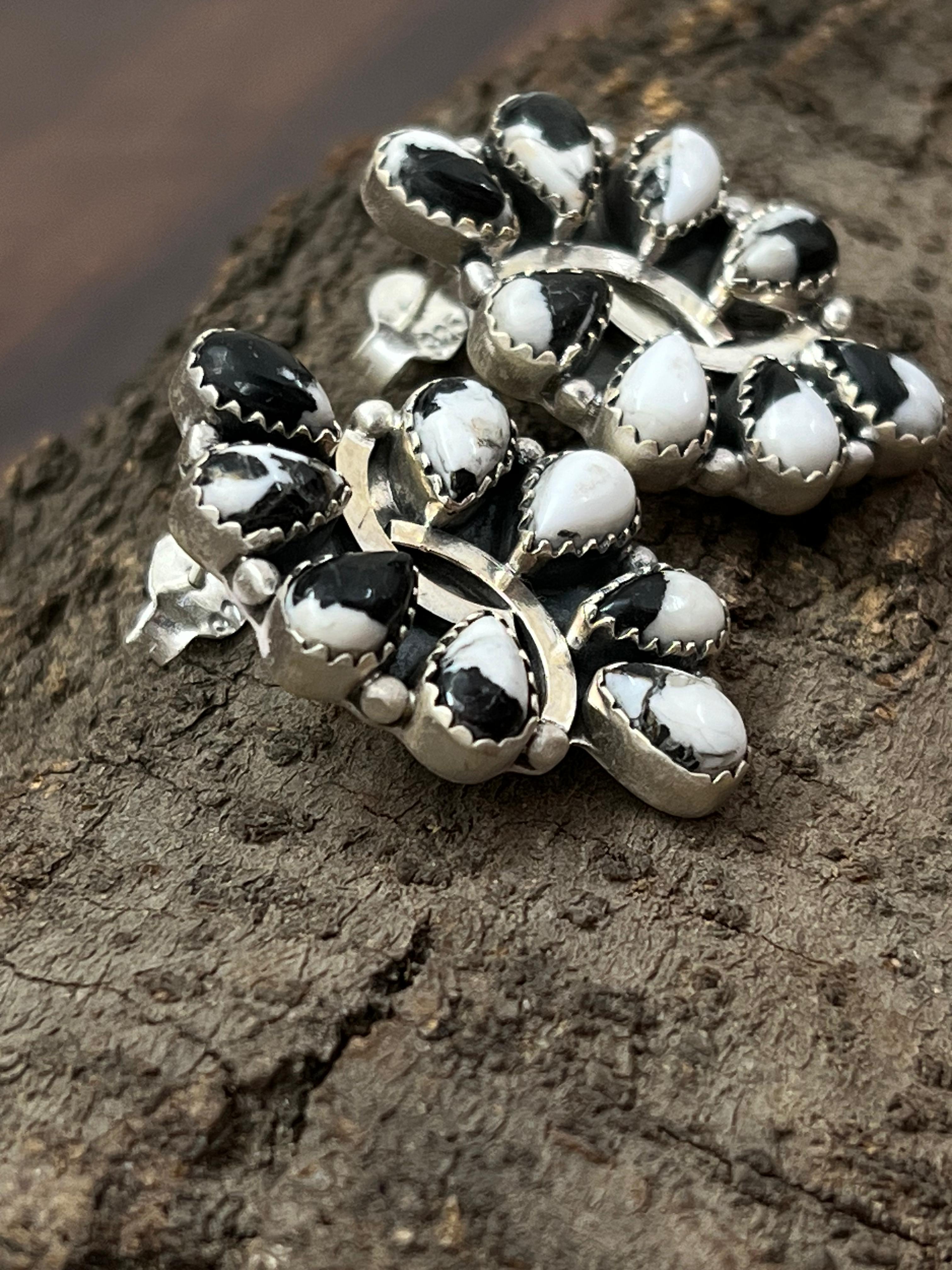 Handmade Sterling Silver White Buffalo Post Studs with Signed Nizhoni