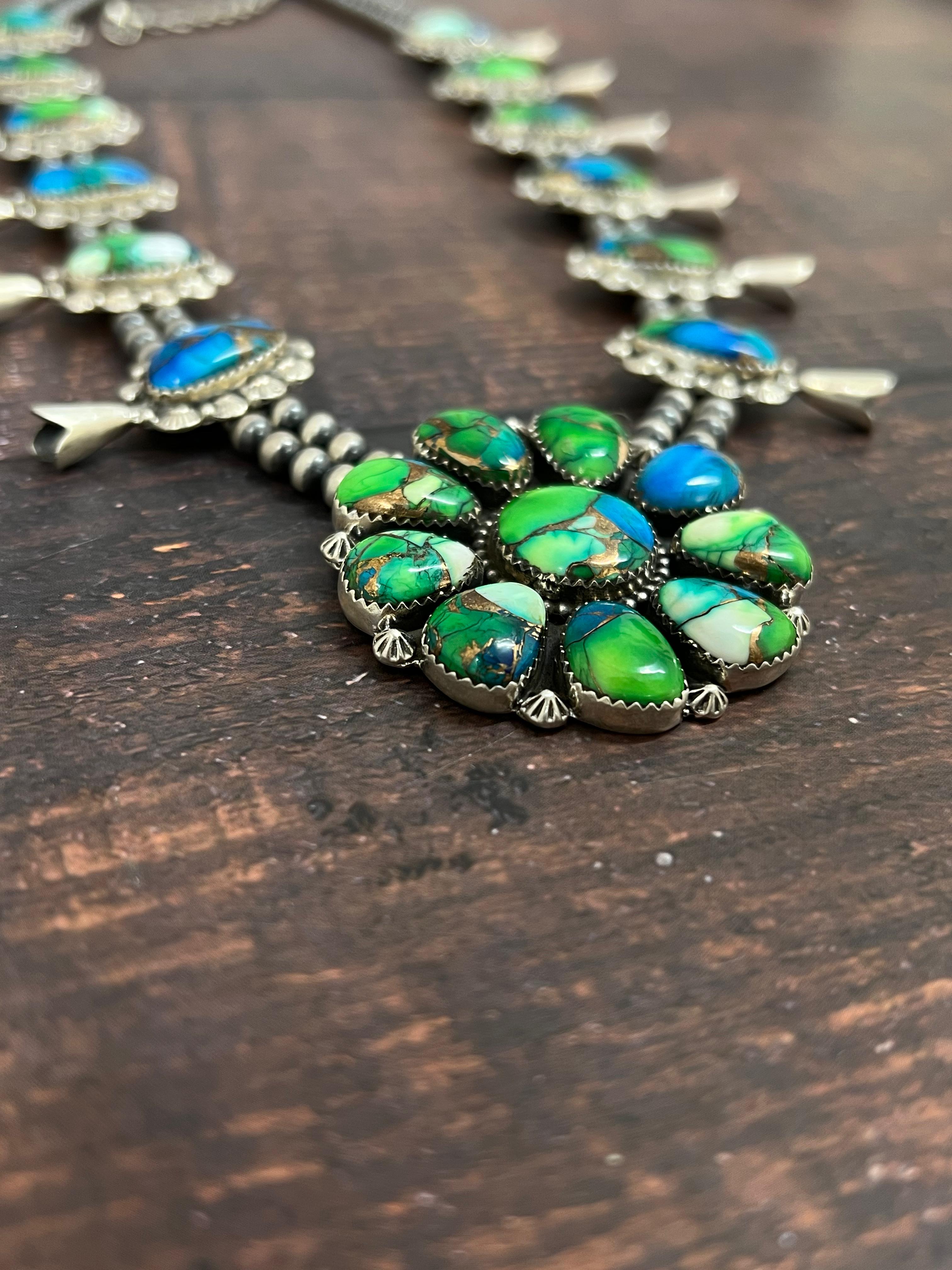 Handmade Sterling Silver Peacock Dahlia Beaded Necklace with Signed Nizhoni