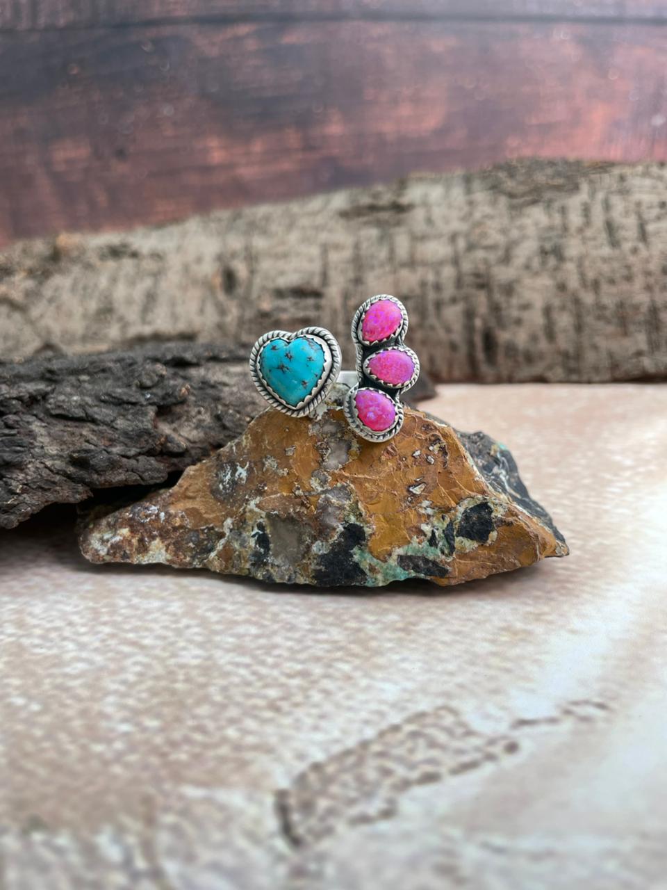 Handmade Sterling Silver Hot Pink with Arizona Turquoise Adjustable Ring "Signed Nizhoni"