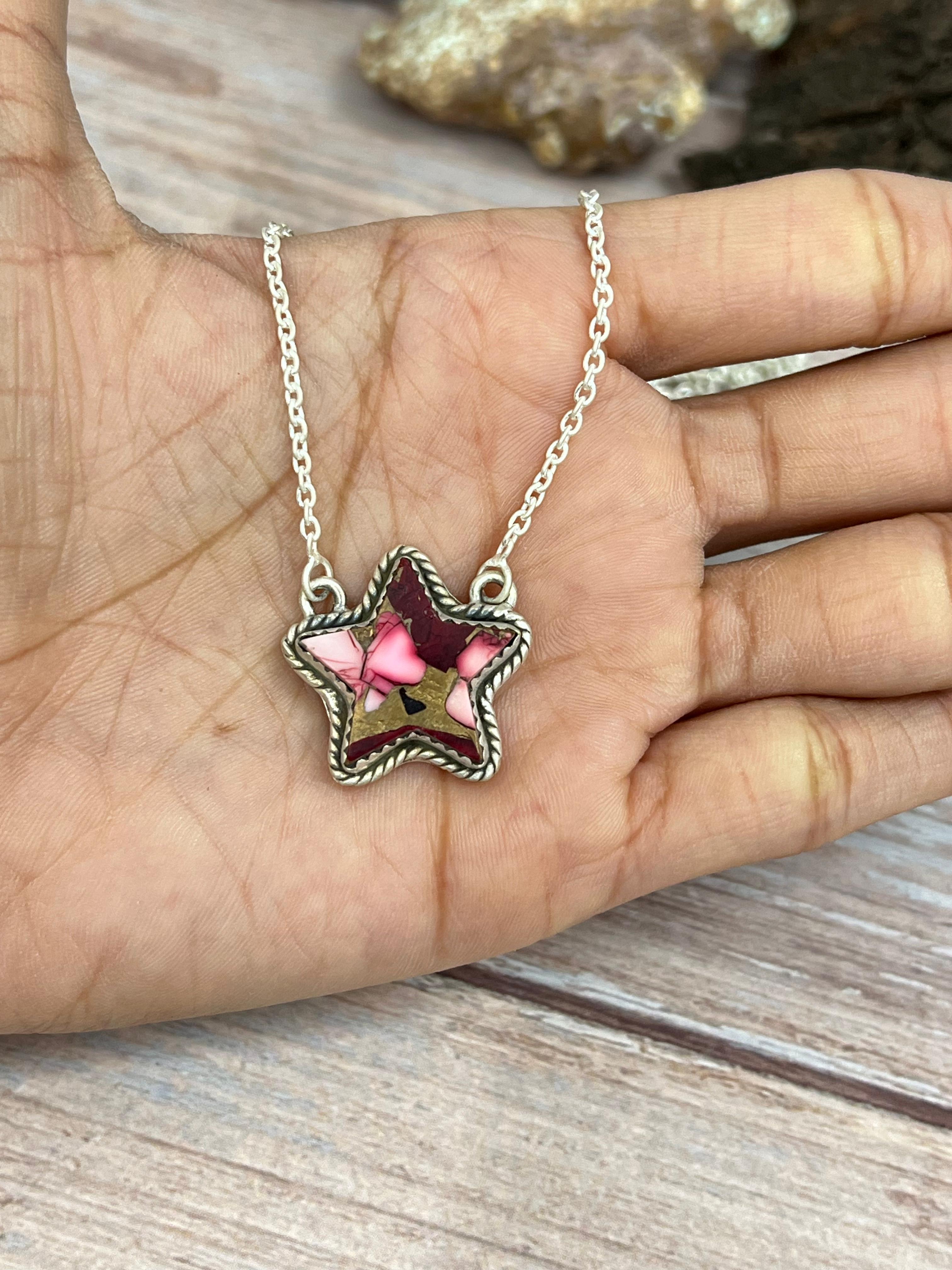 Handmade Sterling Silver Dahlia Rose Star Necklace with Signed Nizhoni