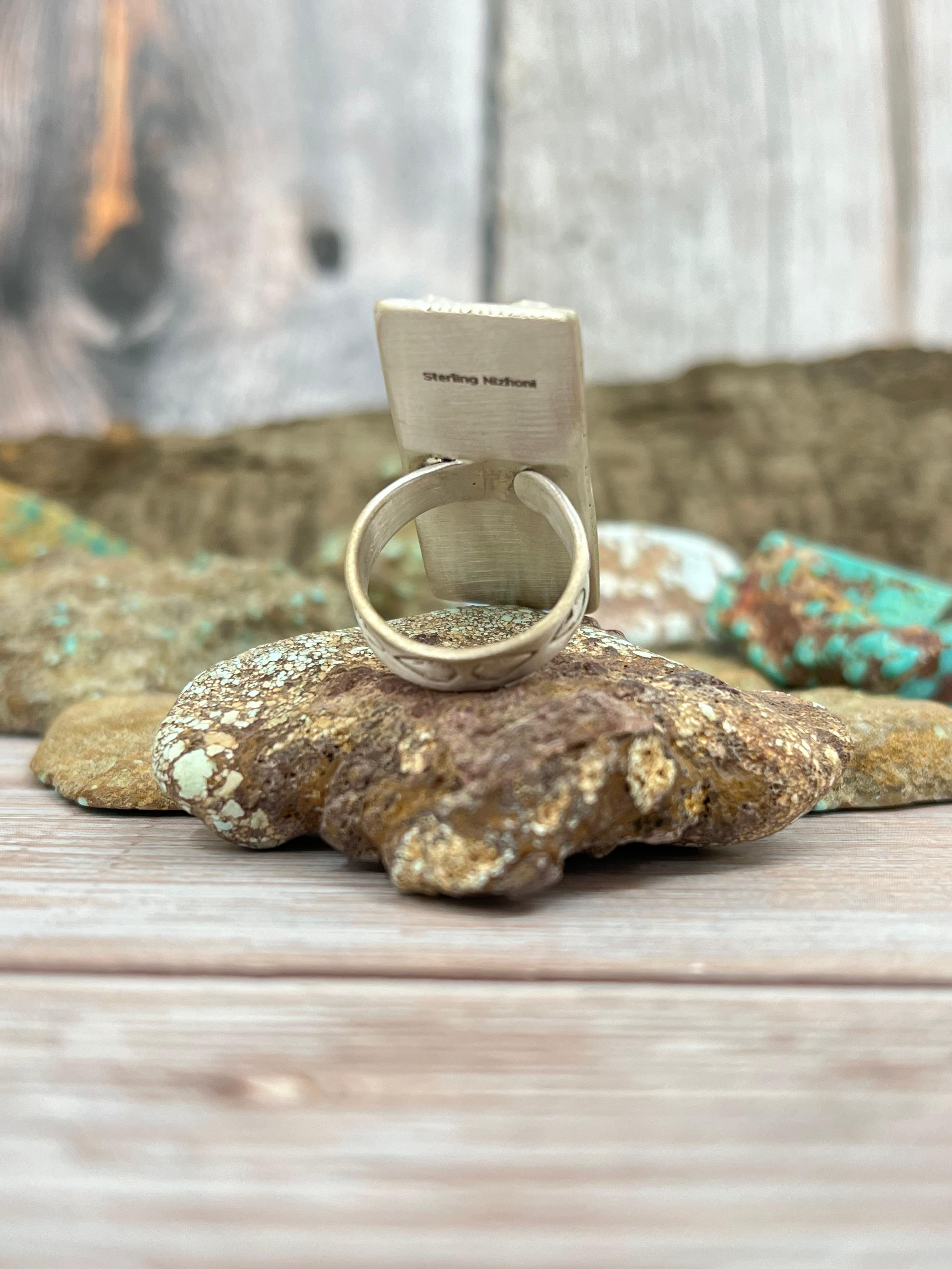 Handmade Sterling Silver Cotton Candy Turquoise Adjustable Ring with Signed Nizhoni (9)