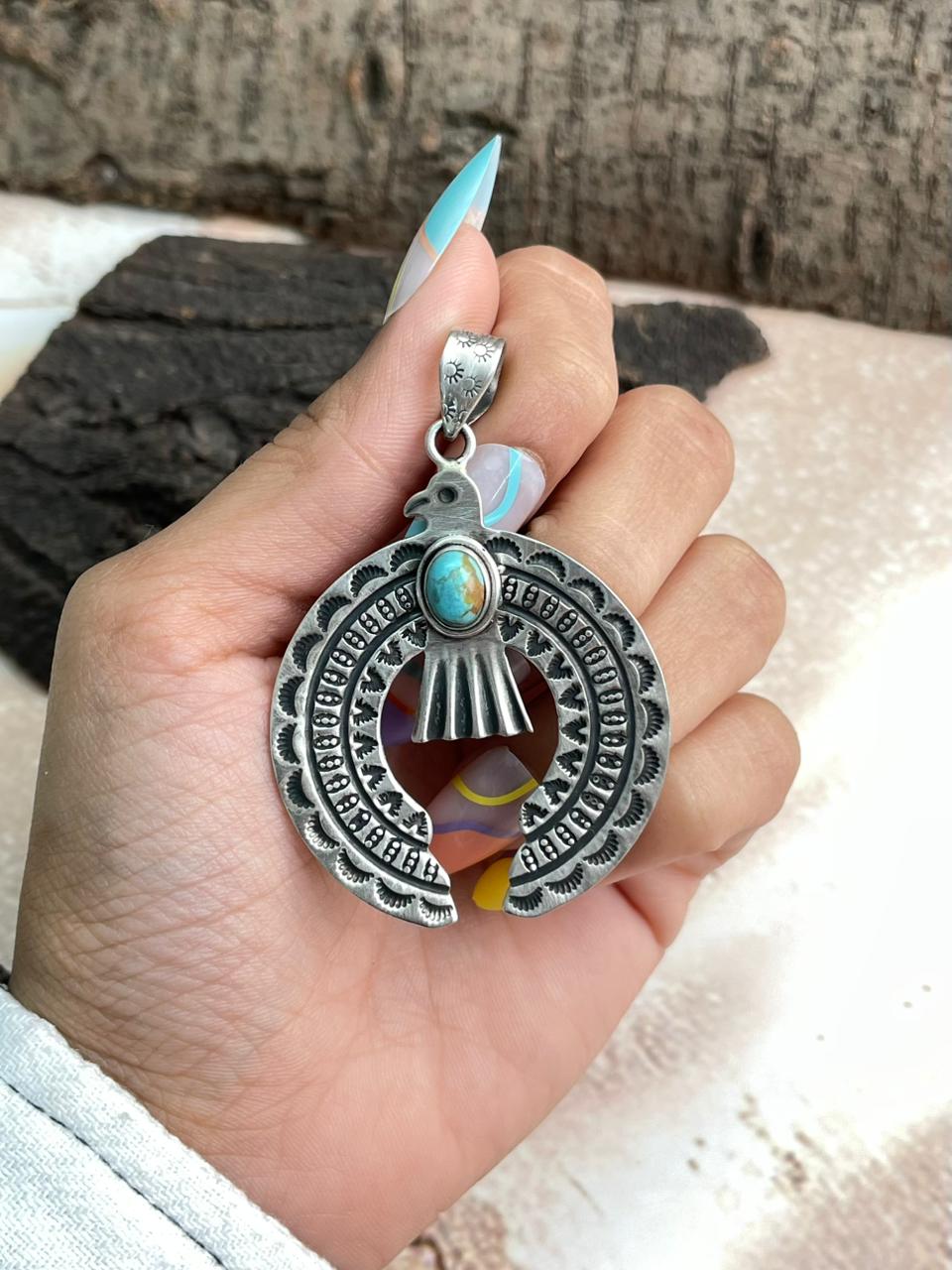 Added Handmade Sterling Silver Kingman Turquoise Naja Pendant "Signed Nizhoni" (3)