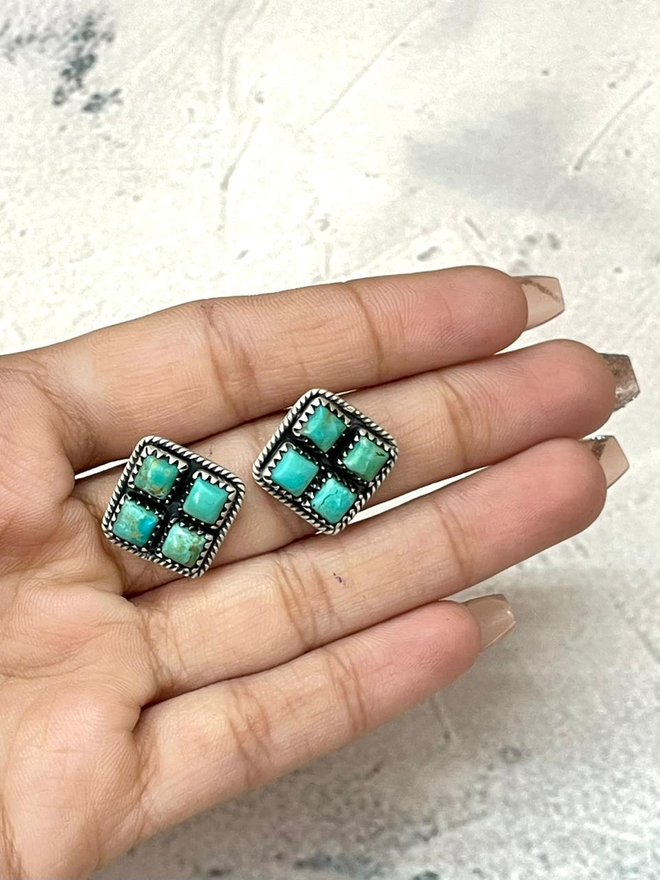 Handmade Sterling Silver Kingman Turquoise Post Studs Earrings "Signed Nizhoni"