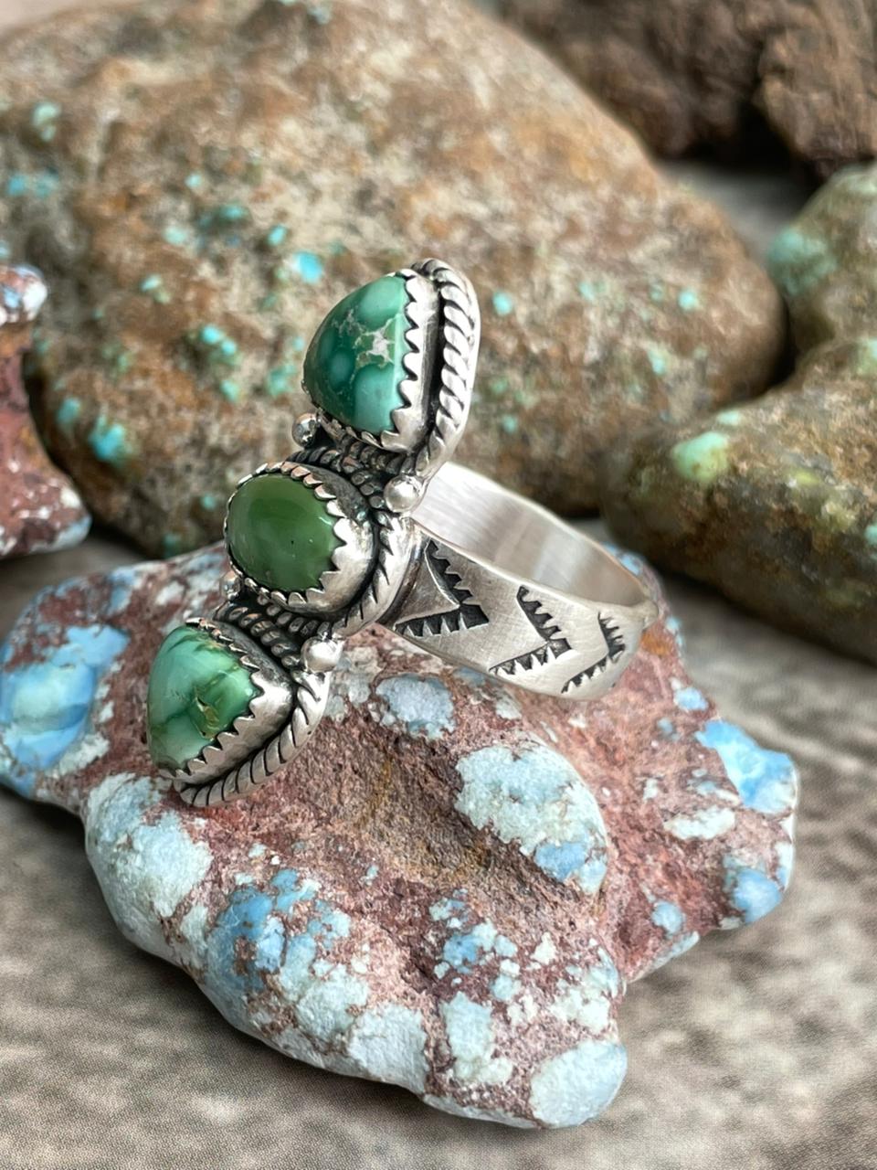 Handmade Sterling Silver Emerald Valley Turquoise Adjustable Ring with Signed Nizhoni