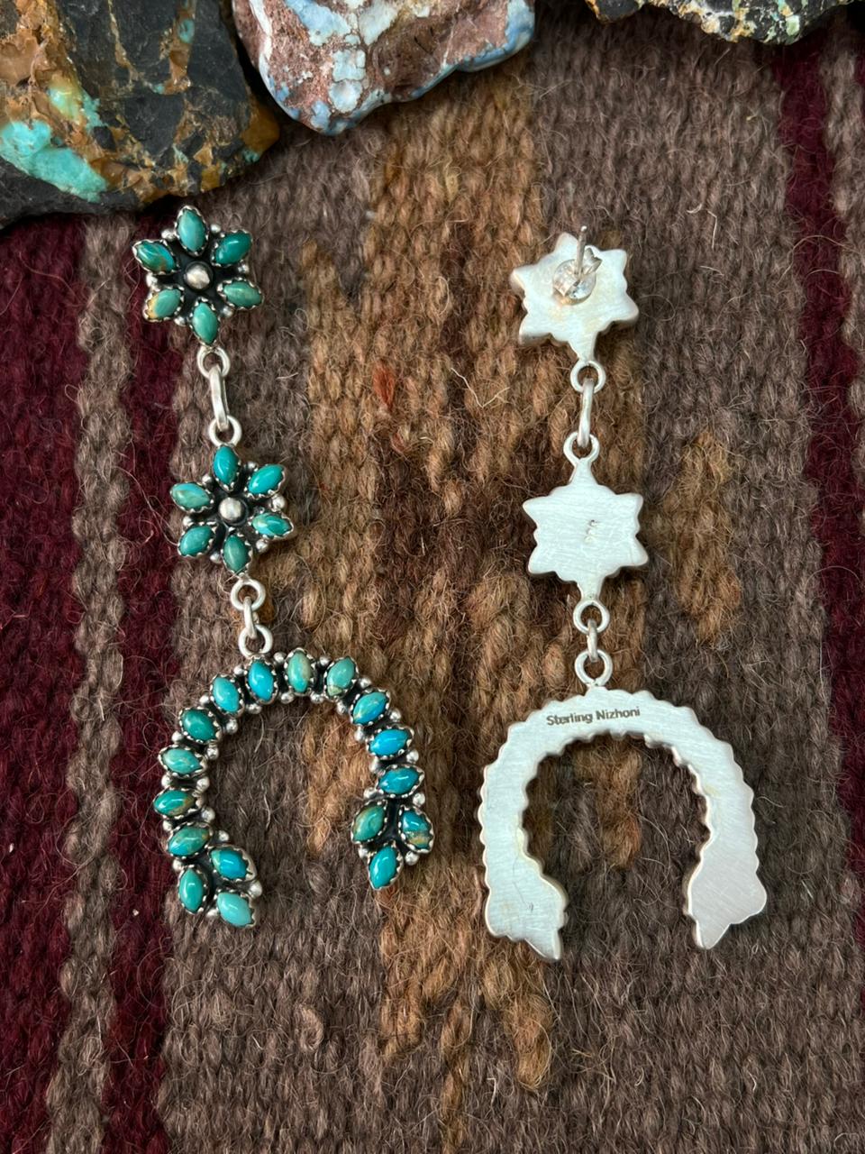 Handmade Sterling Silver Kingman Turquoise Post Dangle Earrings "Signed Nizhoni"