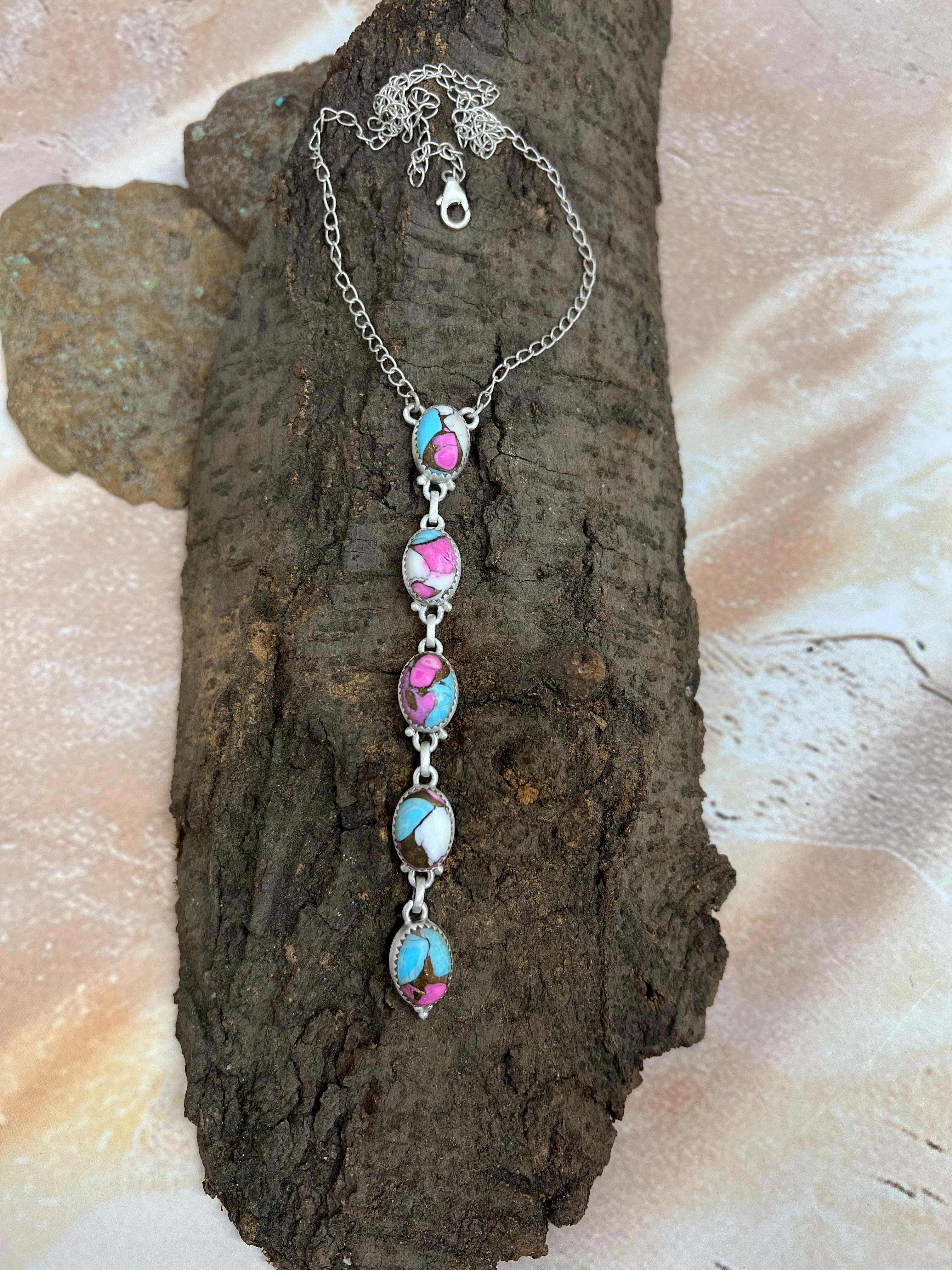 Handmade Sterling Silver Cotton Candy Turquoise Necklace with Signed Nizhoni