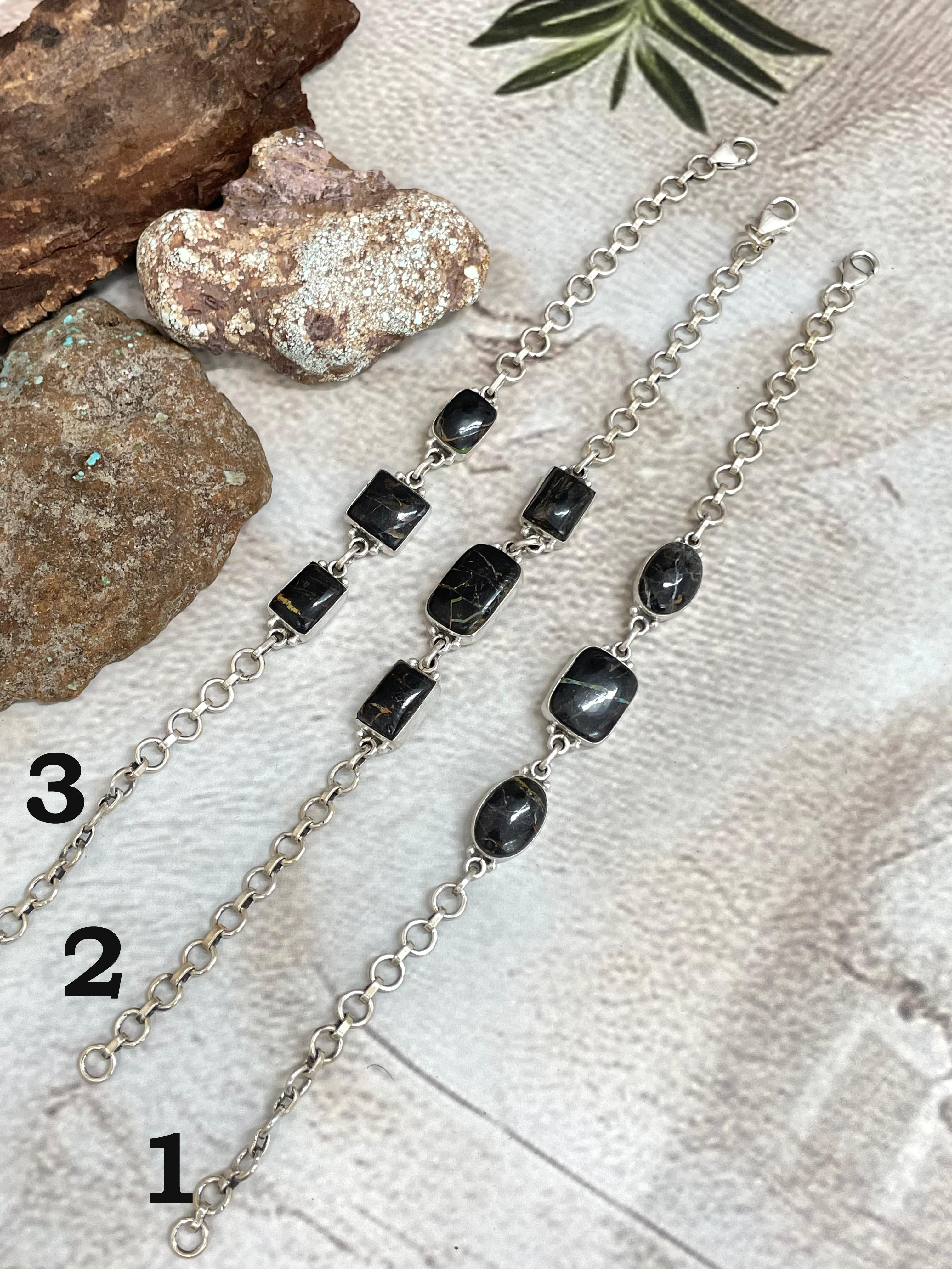 Handmade Sterling Silver Blackjack Turquoise Chain Bracelet Signed Nizhoni