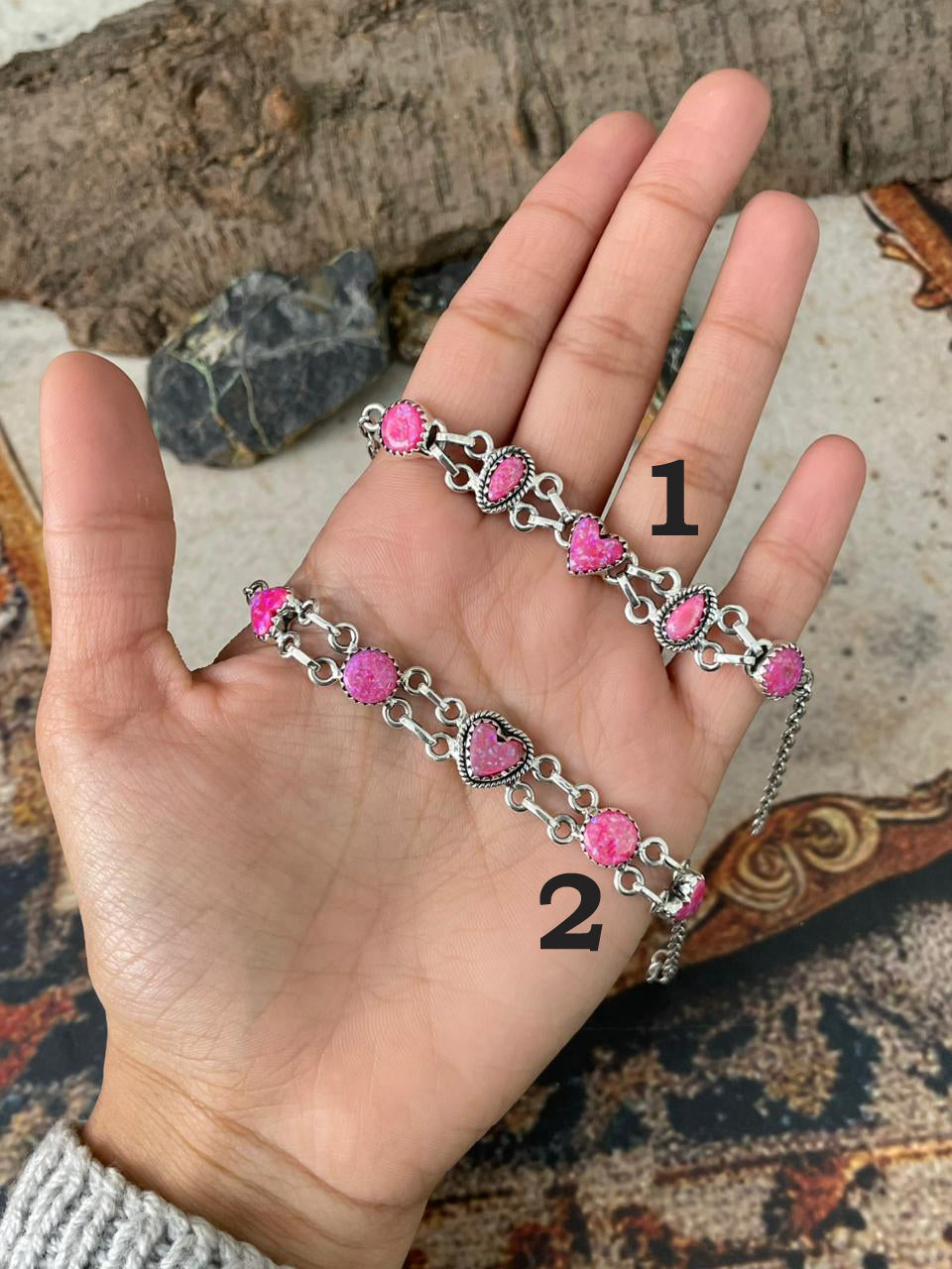 "Heart Collection" Handmade Sterling Silver Hot Pink Chain Bracelet "Signed Nizhoni"