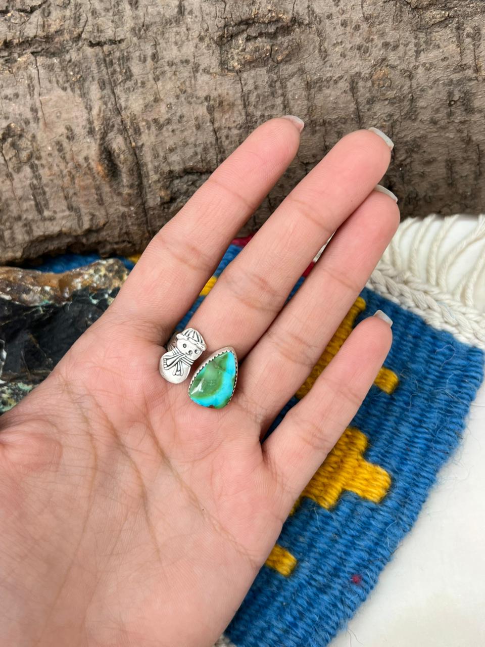 Handmade Sterling Silver Sonoran Mountain Turquoise Snowman Adjustable Ring "Signed Nizhoni"