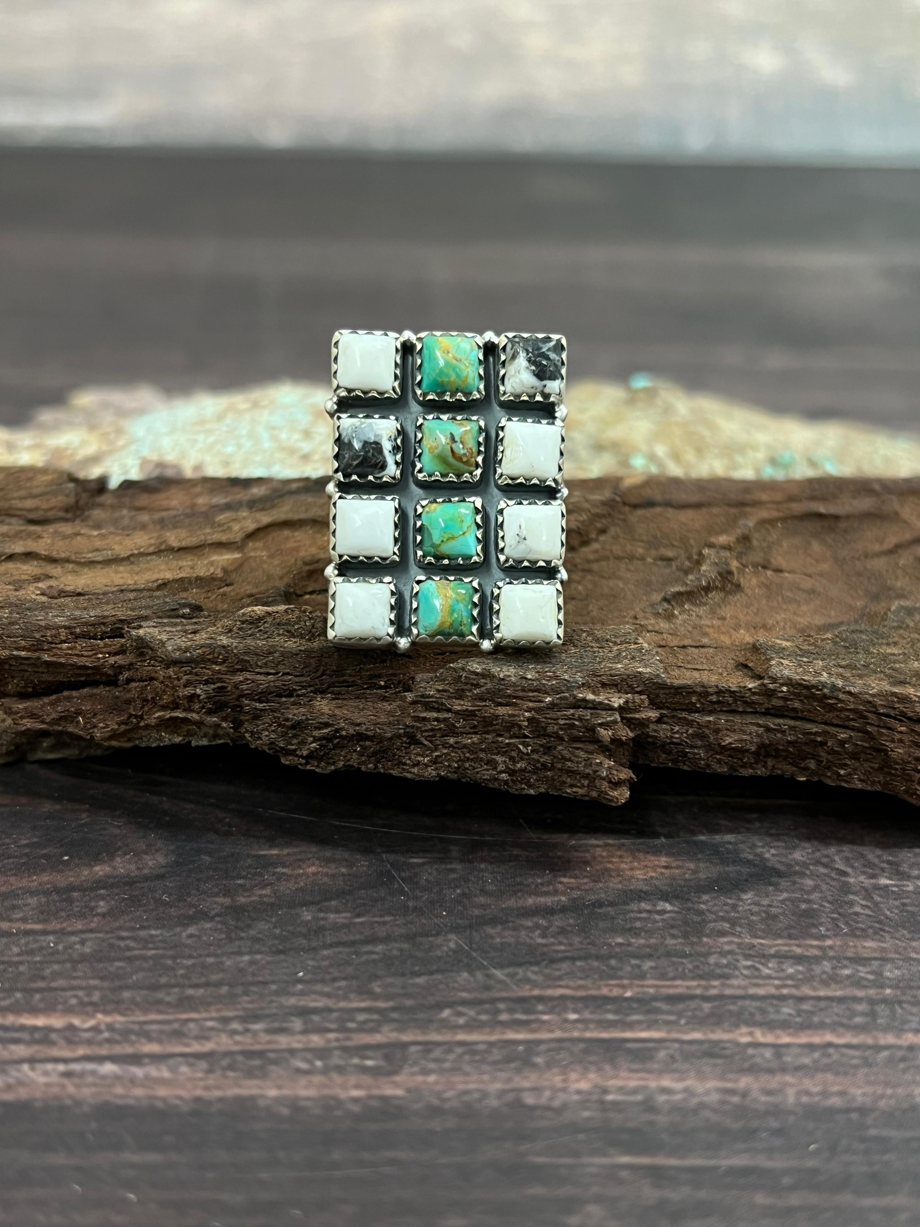 Handmade Sterling Silver Kingman with White Buffalo Turquoise Adjustable Ring with Signed Nizhoni
