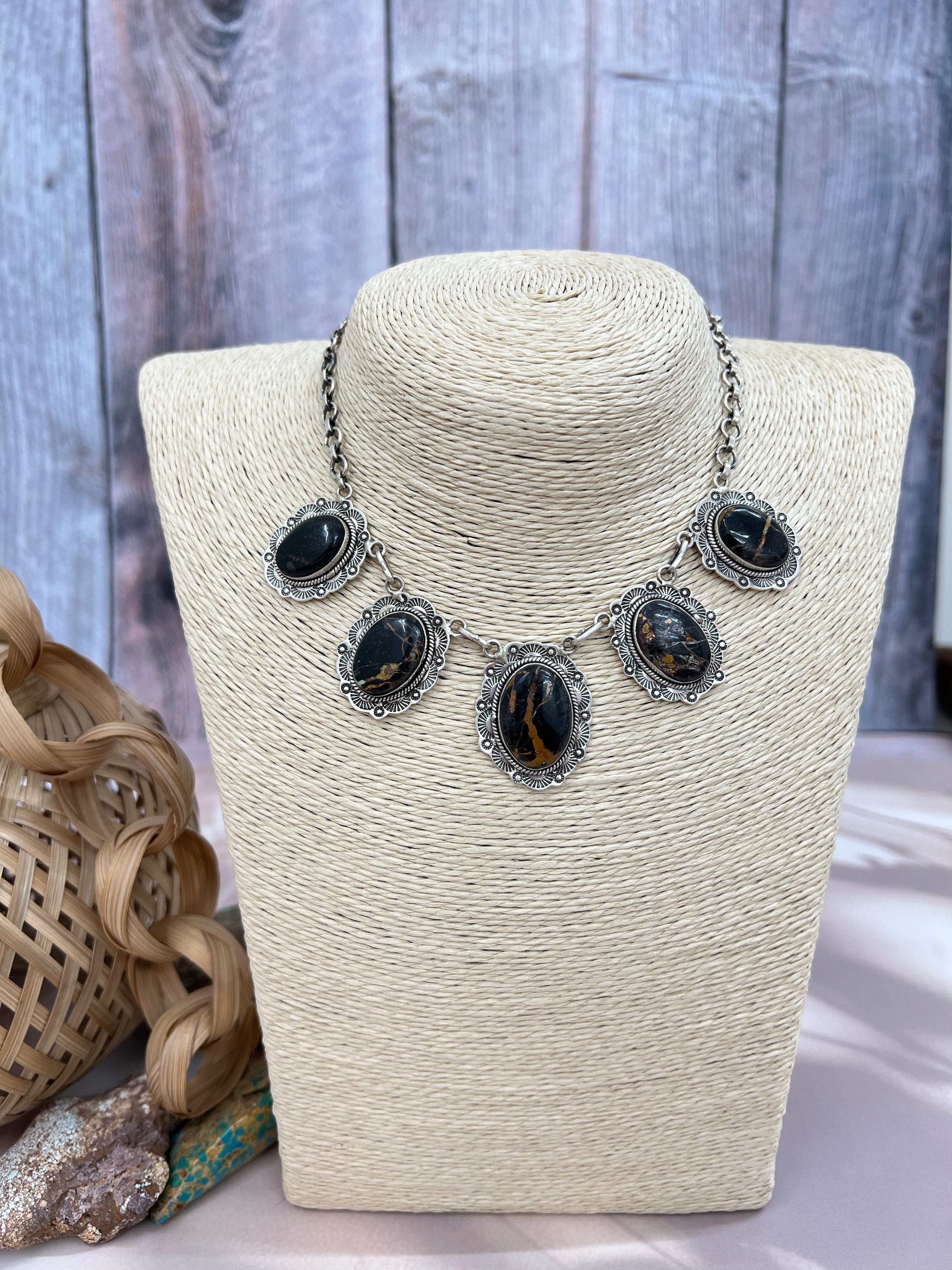 Handmade Sterling Silver Blackjack Turquoise Choker Necklace Signed Nizhoni