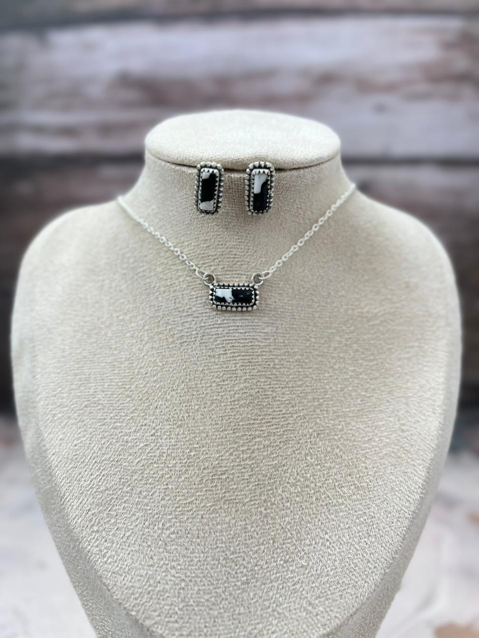 Handmade Sterling Silver White Buffalo Necklace Earrings Set "Signed Nizhoni"