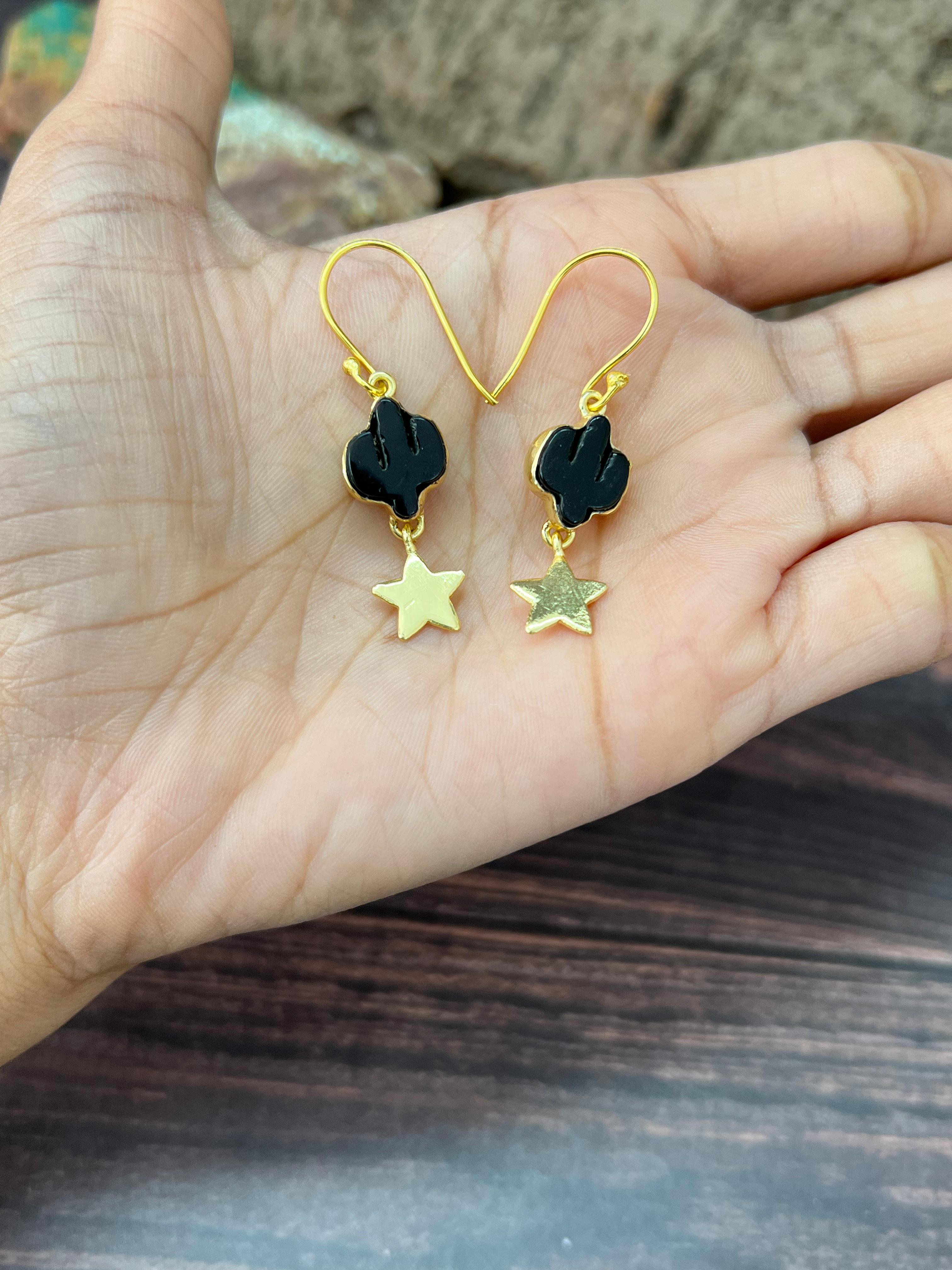 “The Golden Collection” Handmade Natural Black Onyx Cactus Star Hook Dangle Earrings