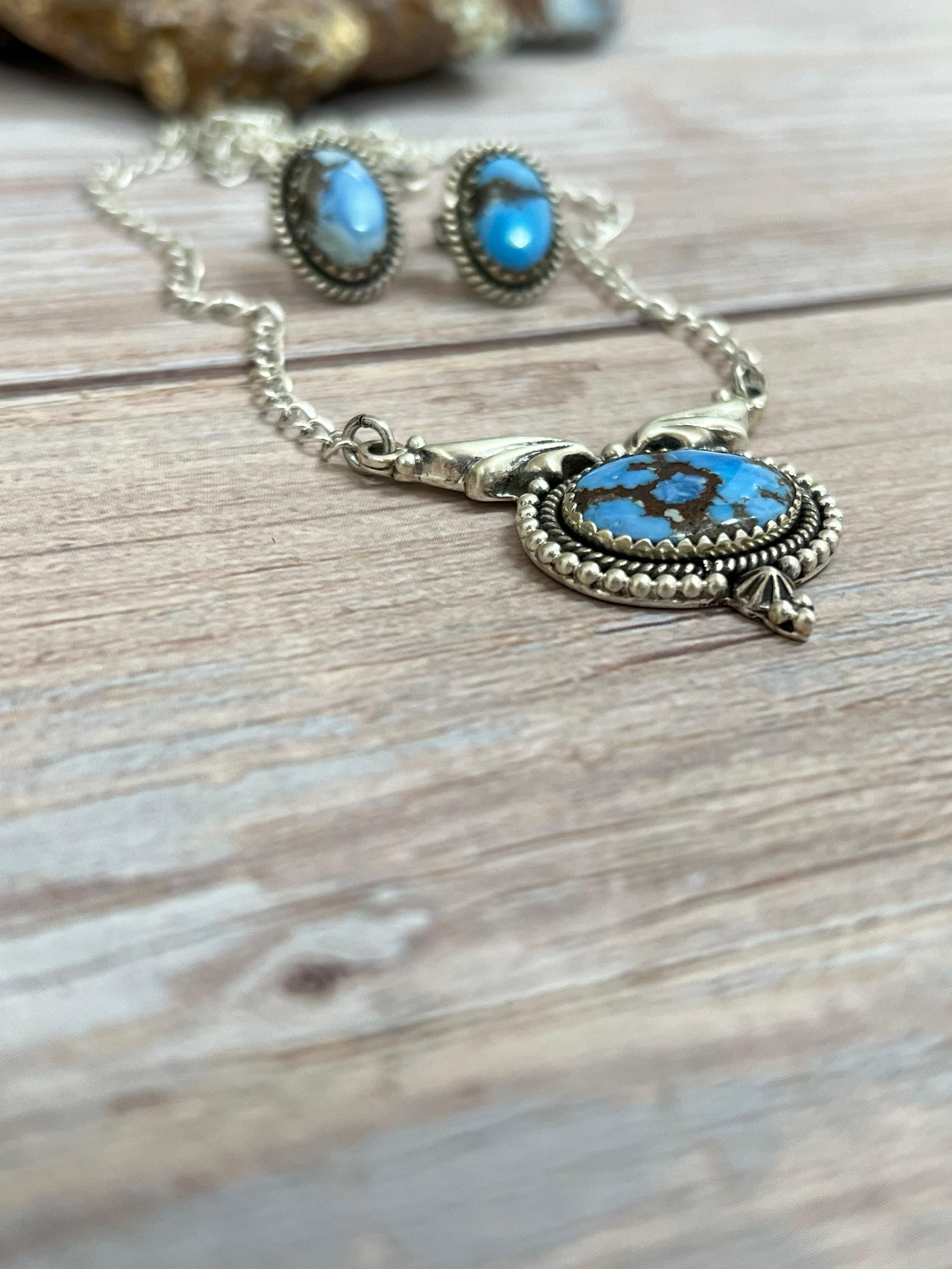 Handmade Sterling Silver Golden Hills Turquoise Necklace Earrings Set with Signed Nizhoni