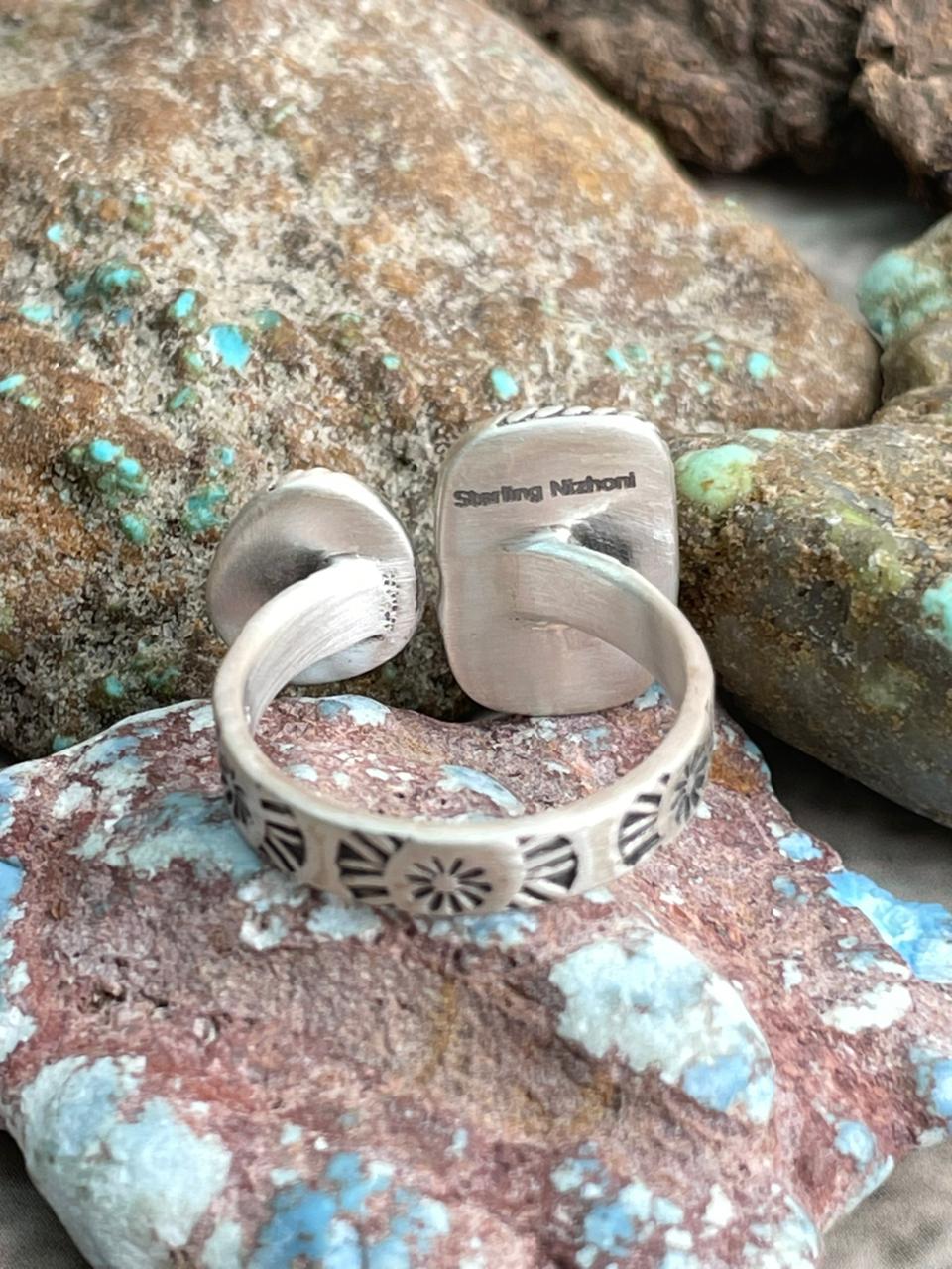 Handmade Sterling Silver Sonoran Mountain Turquoise Adjustable Ring with Signed Nizhoni