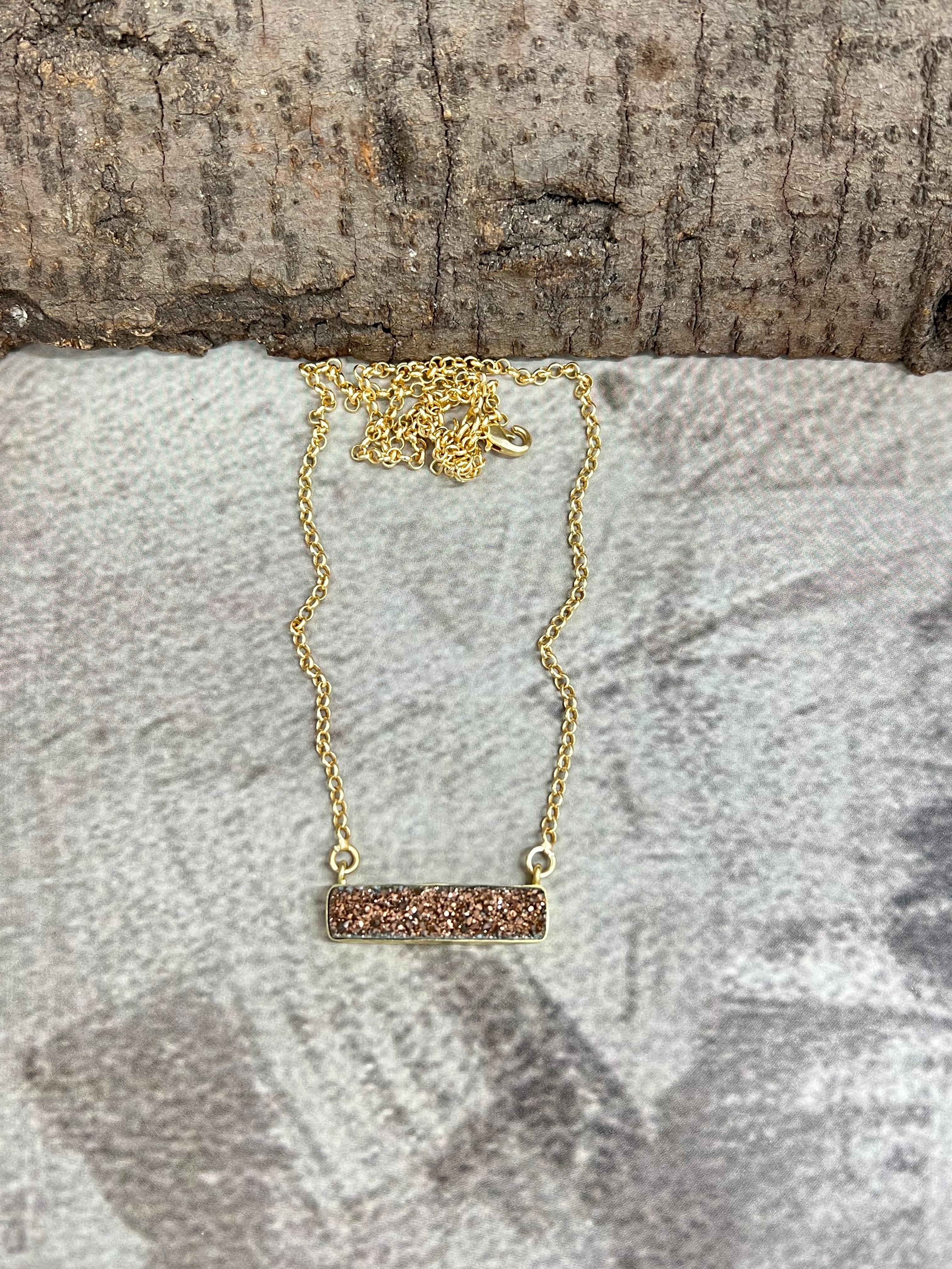“The Boho Collection” Handmade Druzy Rose Gold Bar Necklace Signed Nizhoni