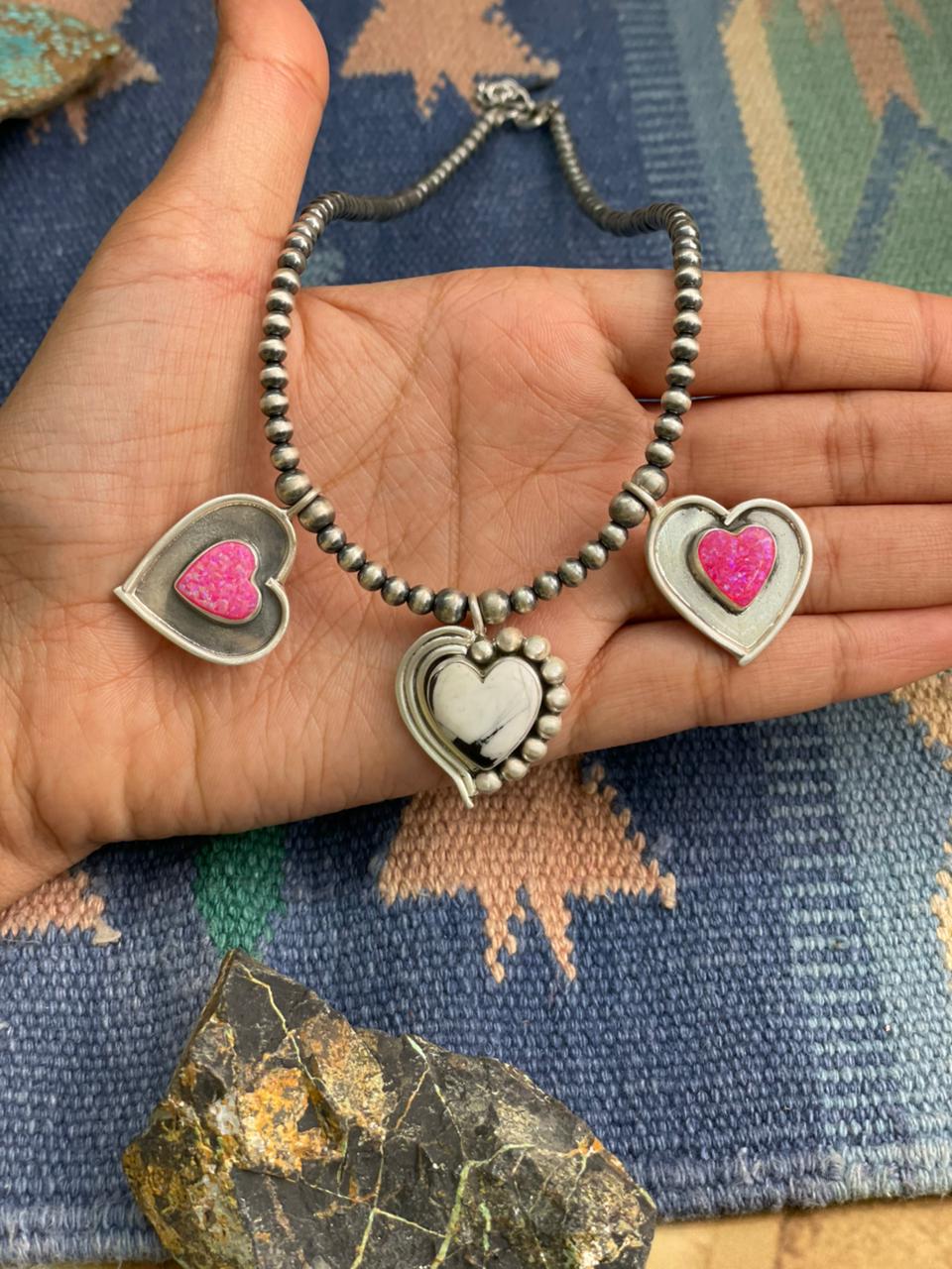 Handmade Sterling Silver White Buffalo with Hot Pink Beaded Heart Necklace "Signed Nizhoni"