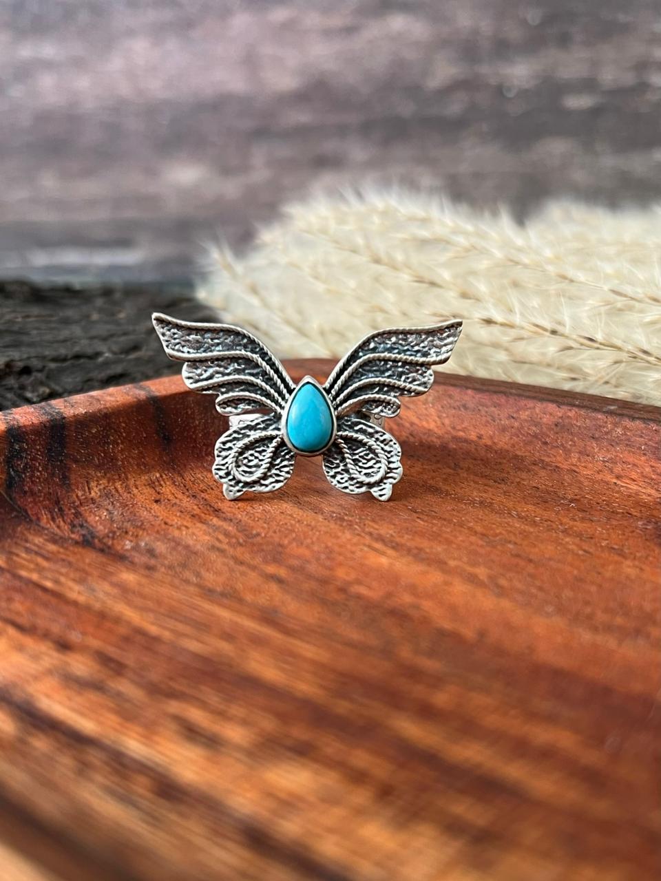 Handmade Sterling Silver Kingman Turquoise Adjustable Butterfly Ring "Signed Nizhoni"