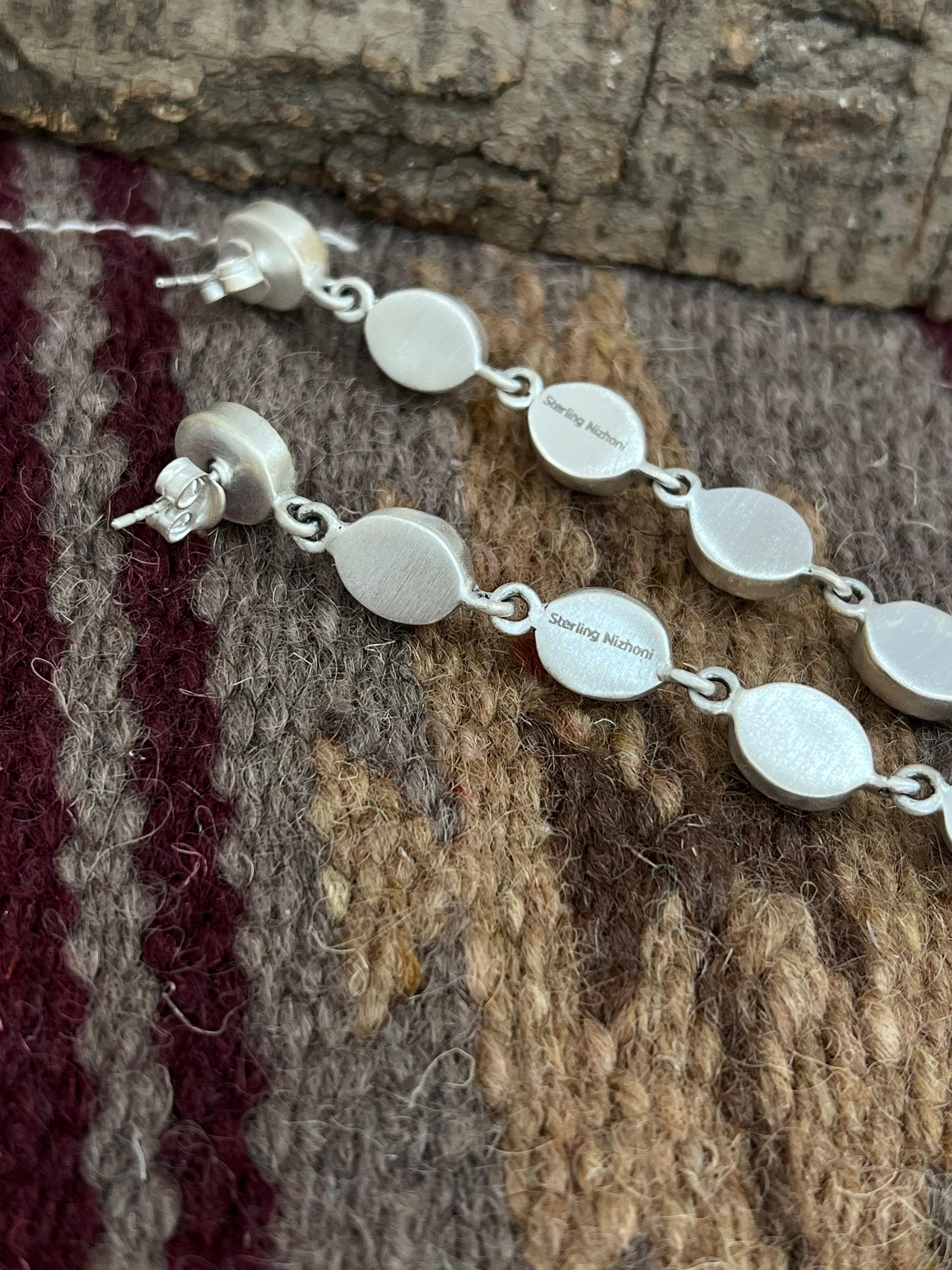 Handmade Sterling Silver Cotton Candy Turquoise Post Dangle Earrings with Signed Nizhoni