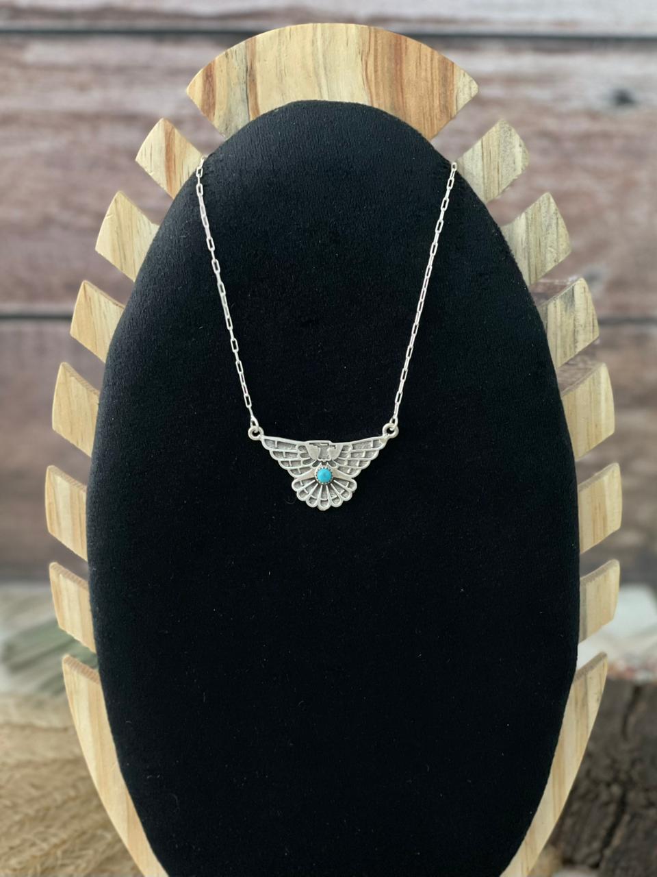 Handmade Sterling Silver Kingman Turquoise Thunder Bird Necklace "Signed Nizhoni"