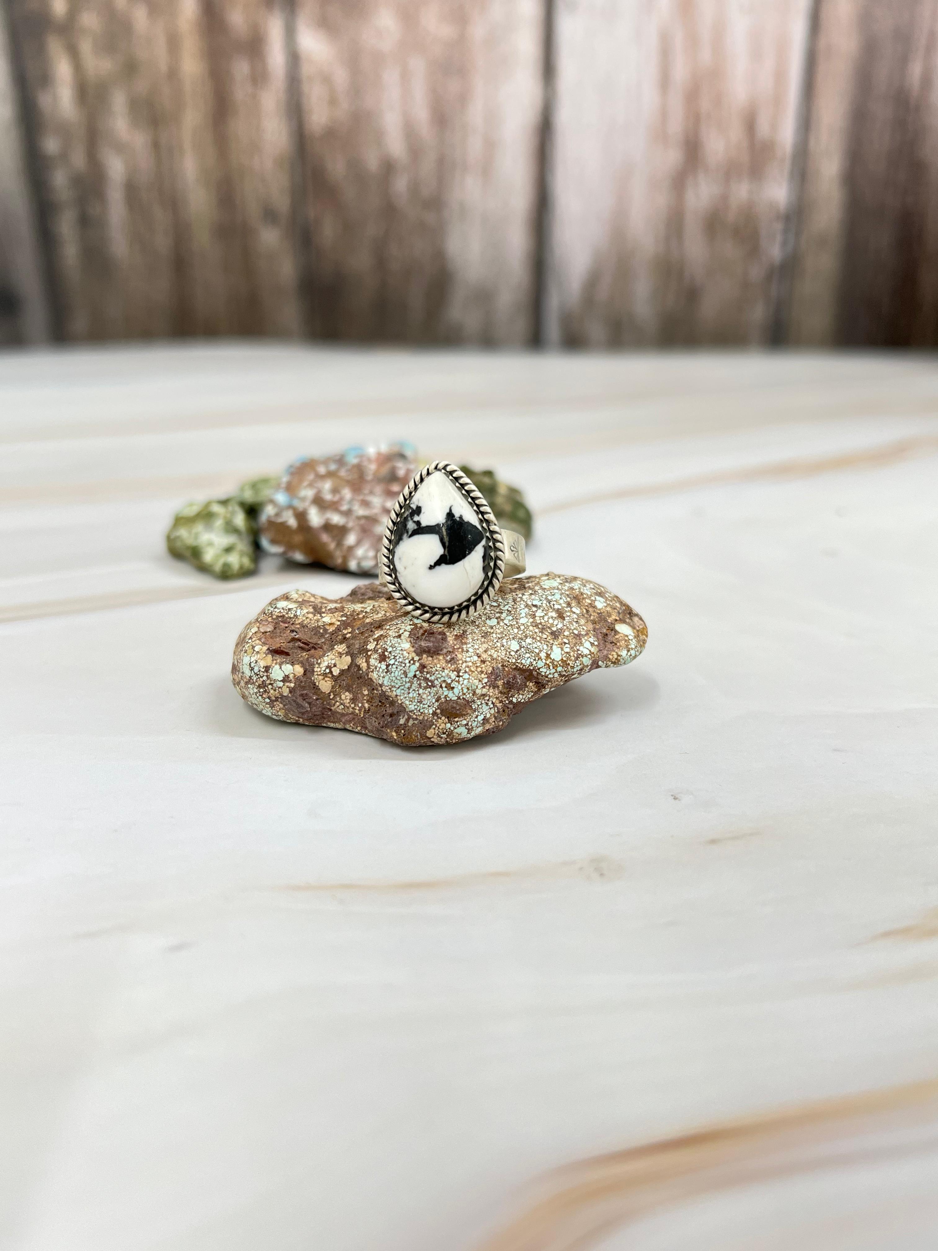 Handmade Sterling Silver White Buffalo Turquoise Adjustable Ring with Signed Nizhoni