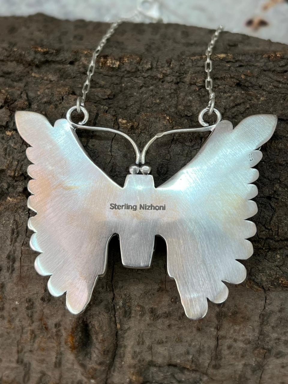 Handmade Sterling Silver Kingman Turquoise Butterfly Necklace "Signed Nizhoni"