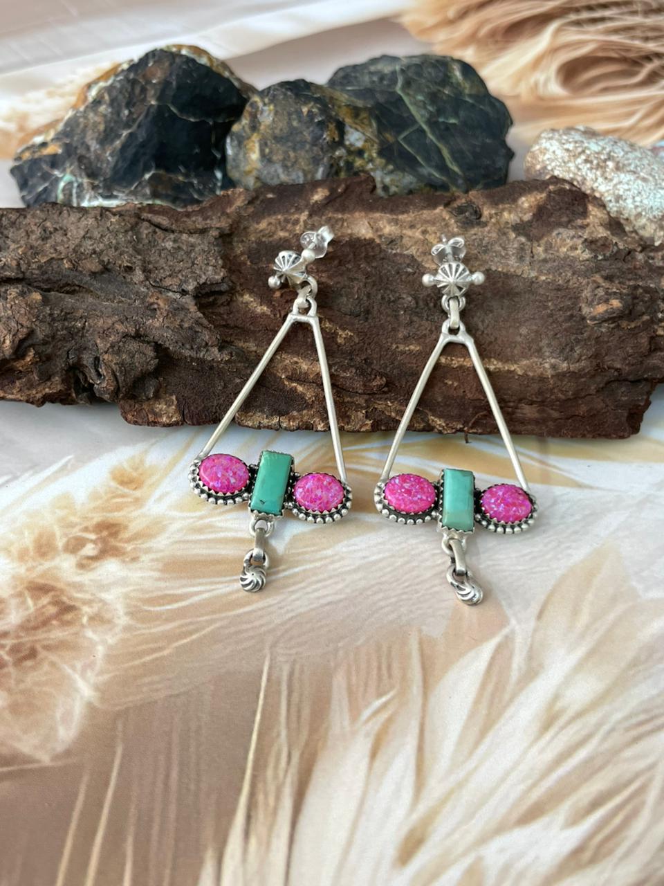 Handmade Sterling Silver Spring Collection: Hot Pink with Kingman Post Dangle Earrings "Signed Nizhoni"
