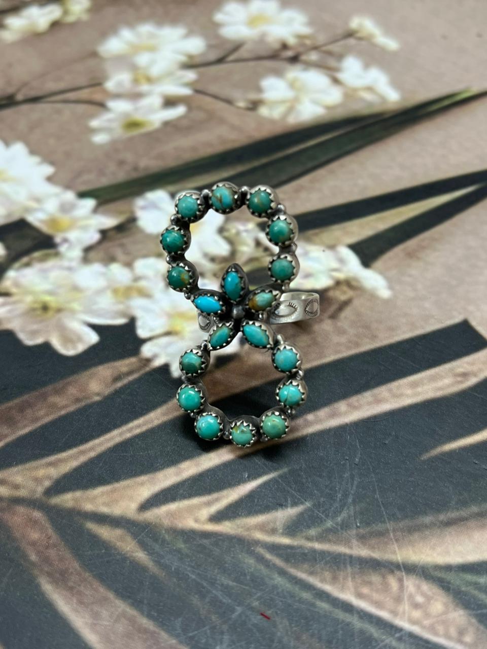 Handmade Sterling Silver Kingman Turquoise Adjustable Ring "Signed Nizhoni"