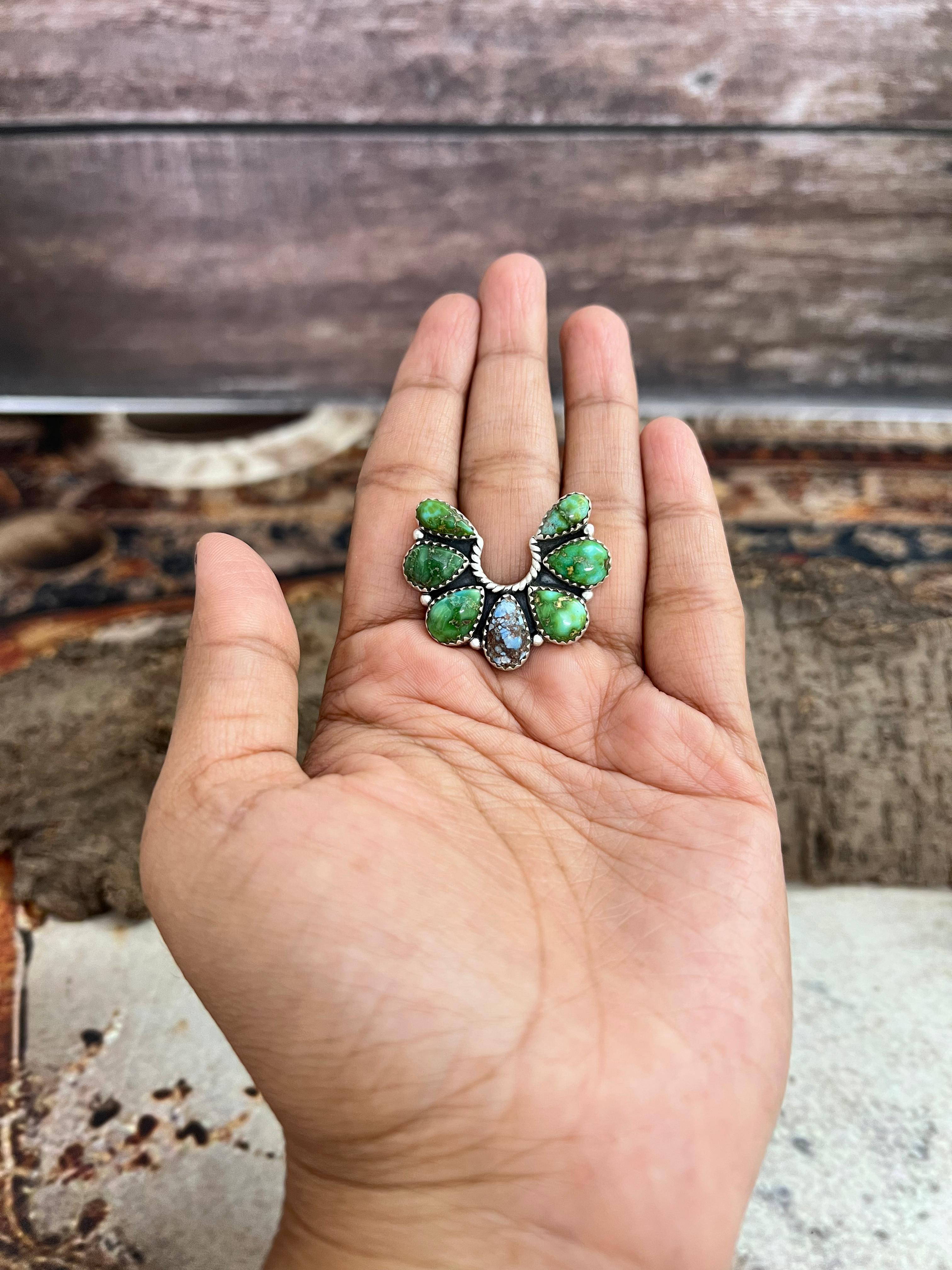 Handmade Sterling Silver Sonoran Mountain Turquoise, Golden Hills Turquoise Naja Adjustable Ring, Signed Nizhoni (8)