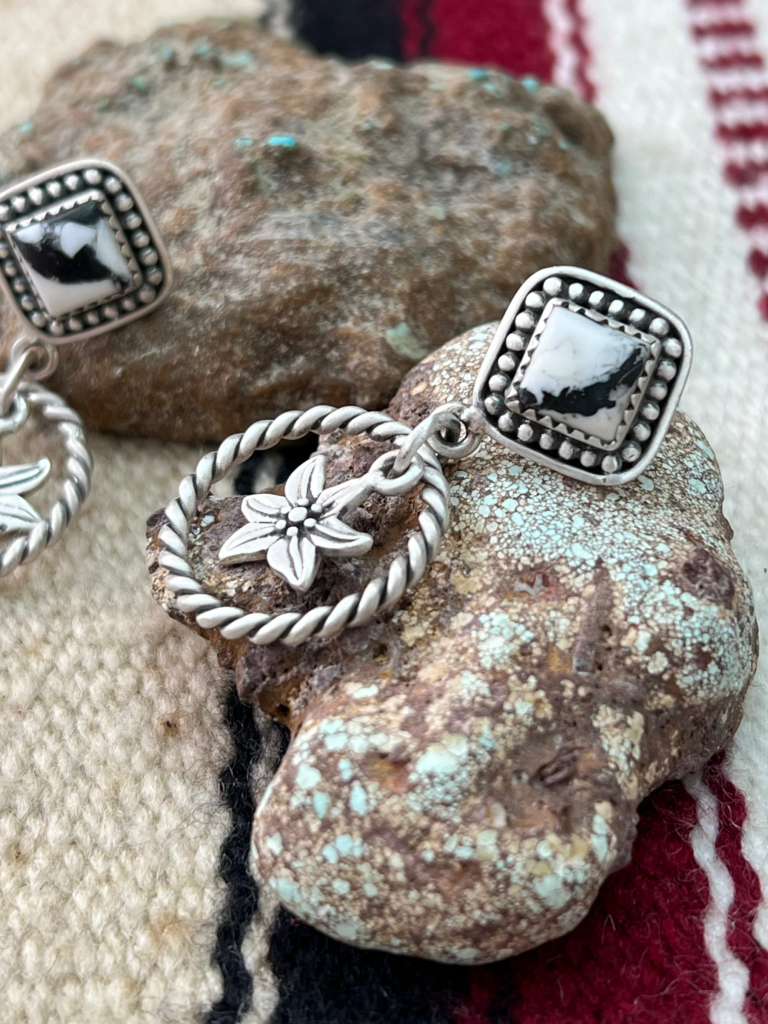 Handmade Sterling Silver White Buffalo Post Dangle Earrings "Signed Nizhoni"