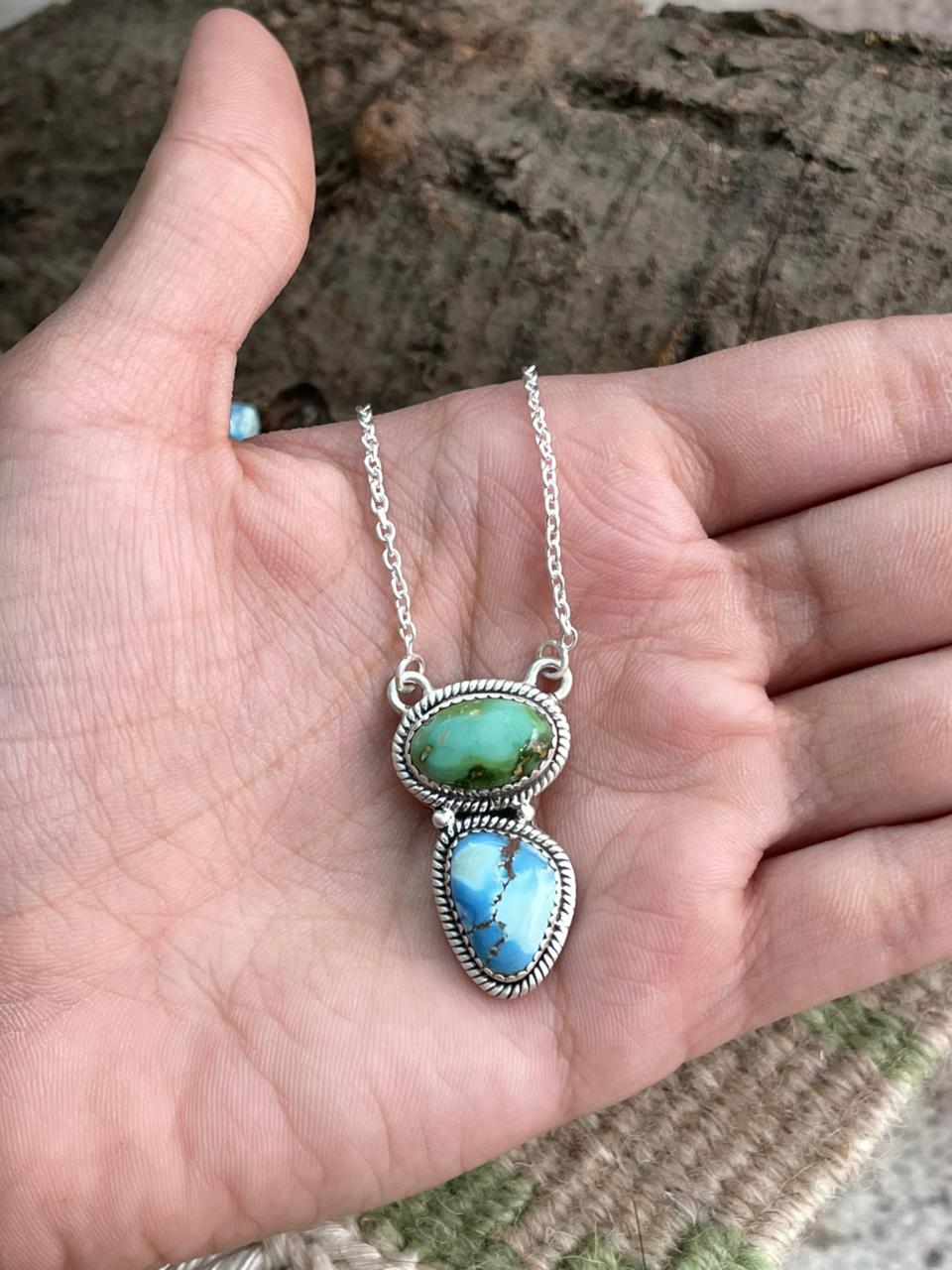 Handmade Sterling Silver Golden Hills Turquoise with Sonoran Mountain Turquoise Necklace "Signed Nizhoni"