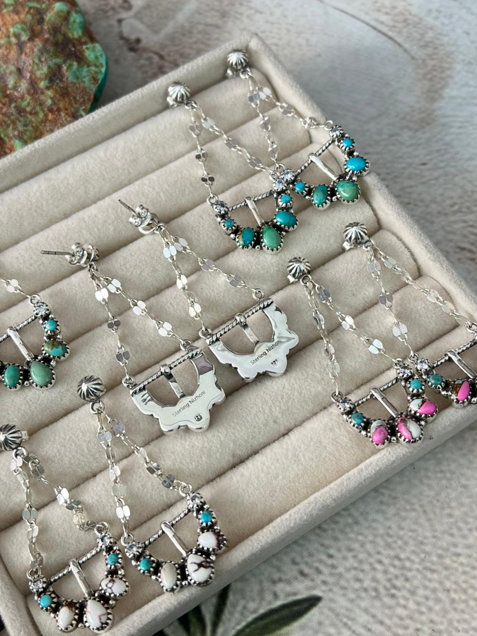 Handmade Sterling Silver Multi Stone Post Dangle Earrings "Signed Nizhoni"