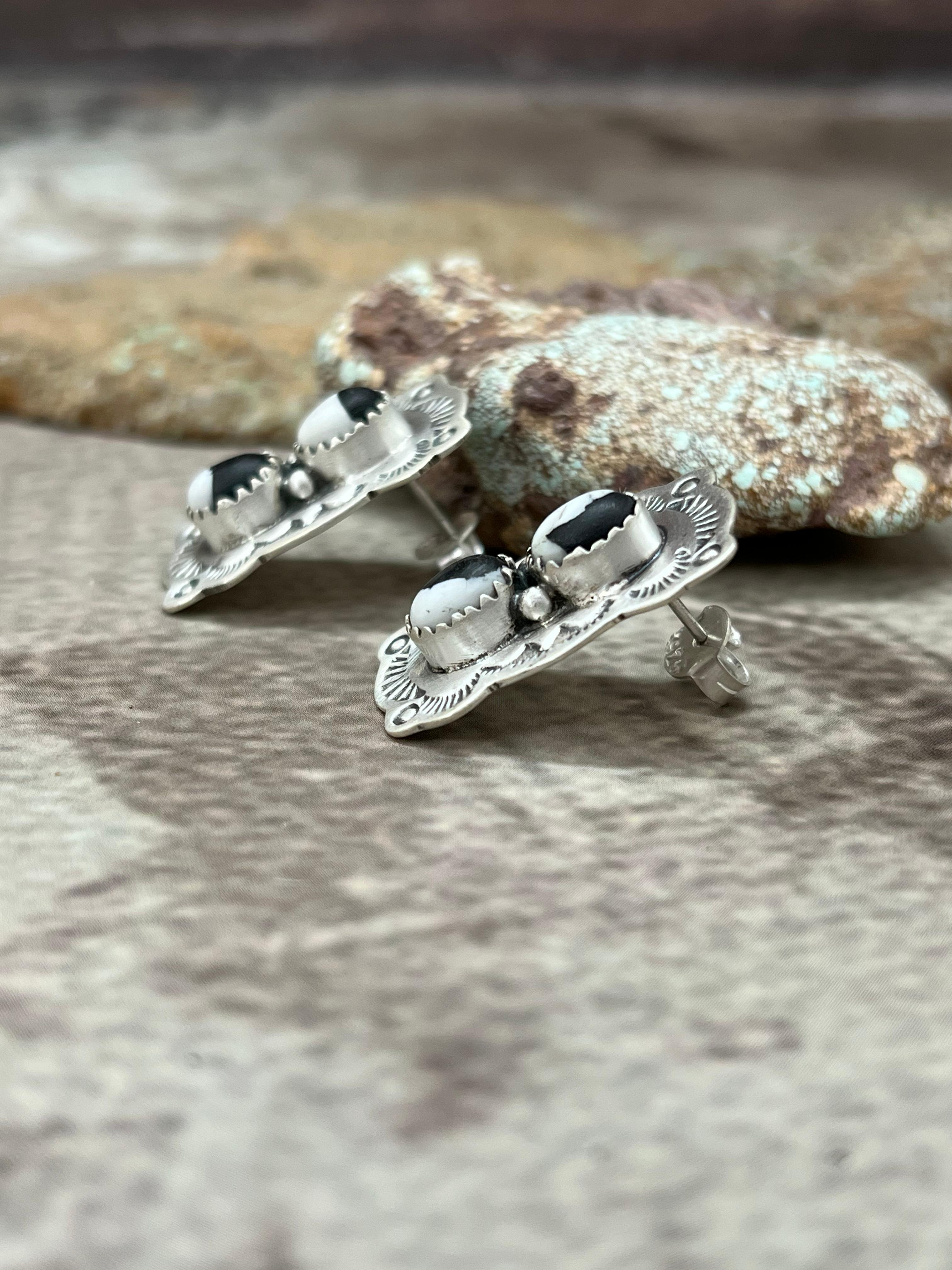 Handmade Sterling Silver White Buffalo Post Studs with Signed Nizhoni