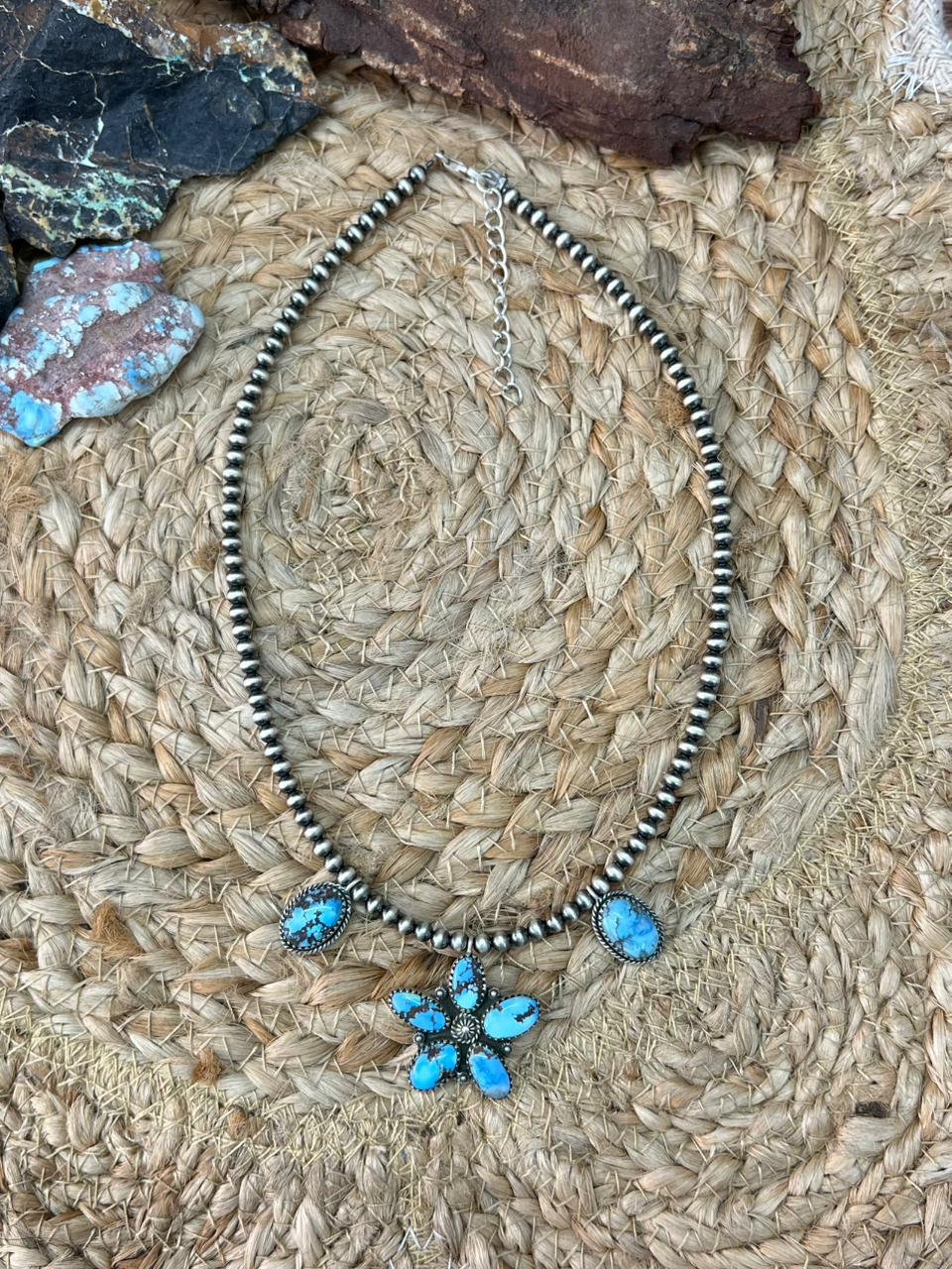 Handmade Sterling Silver Golden Hills Turquoise Beaded Necklace "Signed Nizhoni"